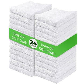 Towels N More 24 White Cleaning Towels For Kitchen, 16X19 Bar Mop Dish Towels - 30Oz Commercial Grade Cotton Absorbent Reusable
