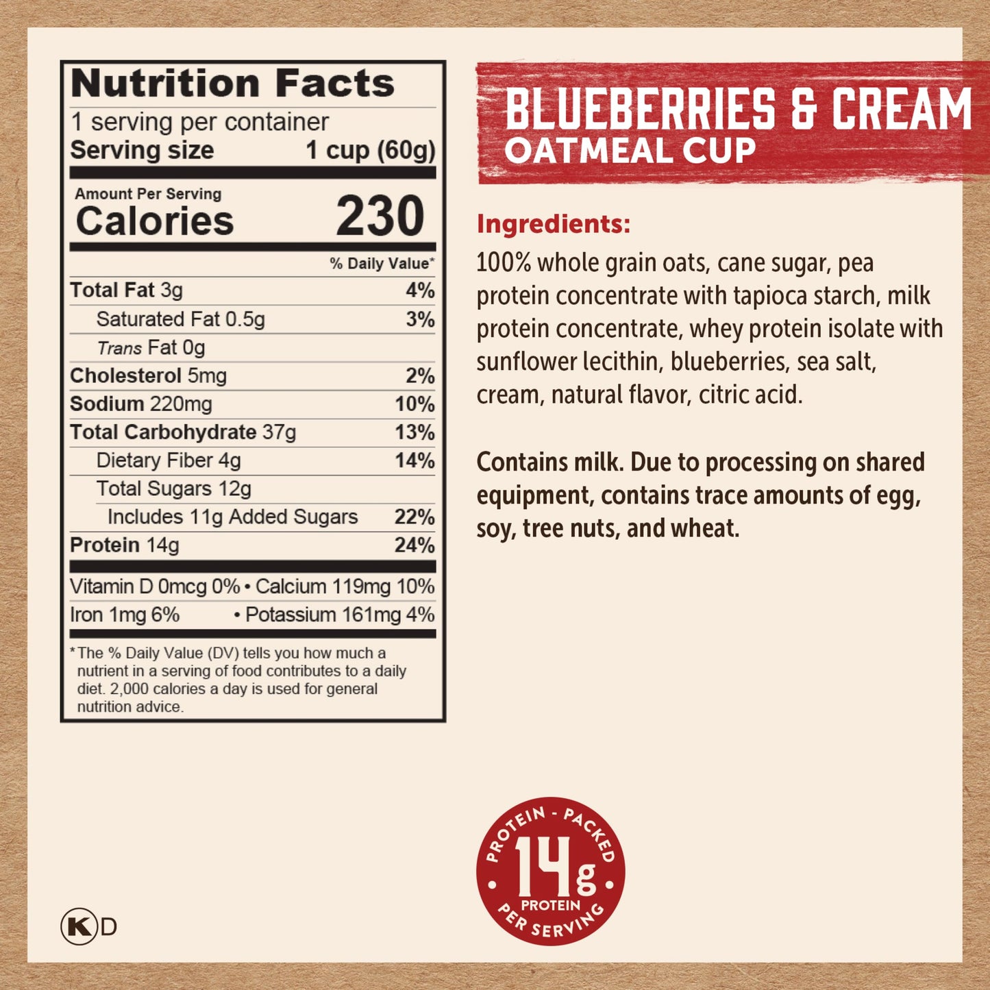 Kodiak Instant Oatmeal Cups, Blueberries & Cream, High Protein, 100% Whole Grains, (12 cups)
