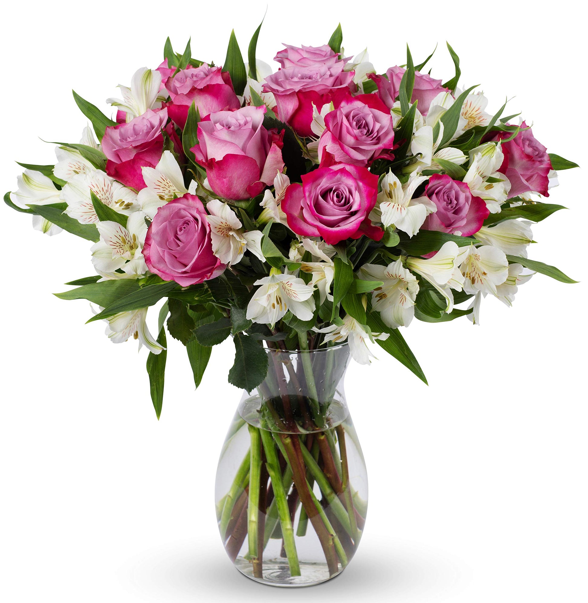 Benchmark Bouquets - Delightful Roses & Alstroemeria (Glass Vase Included) - Fresh Flowers for Delivery - Gift for Graduation, B