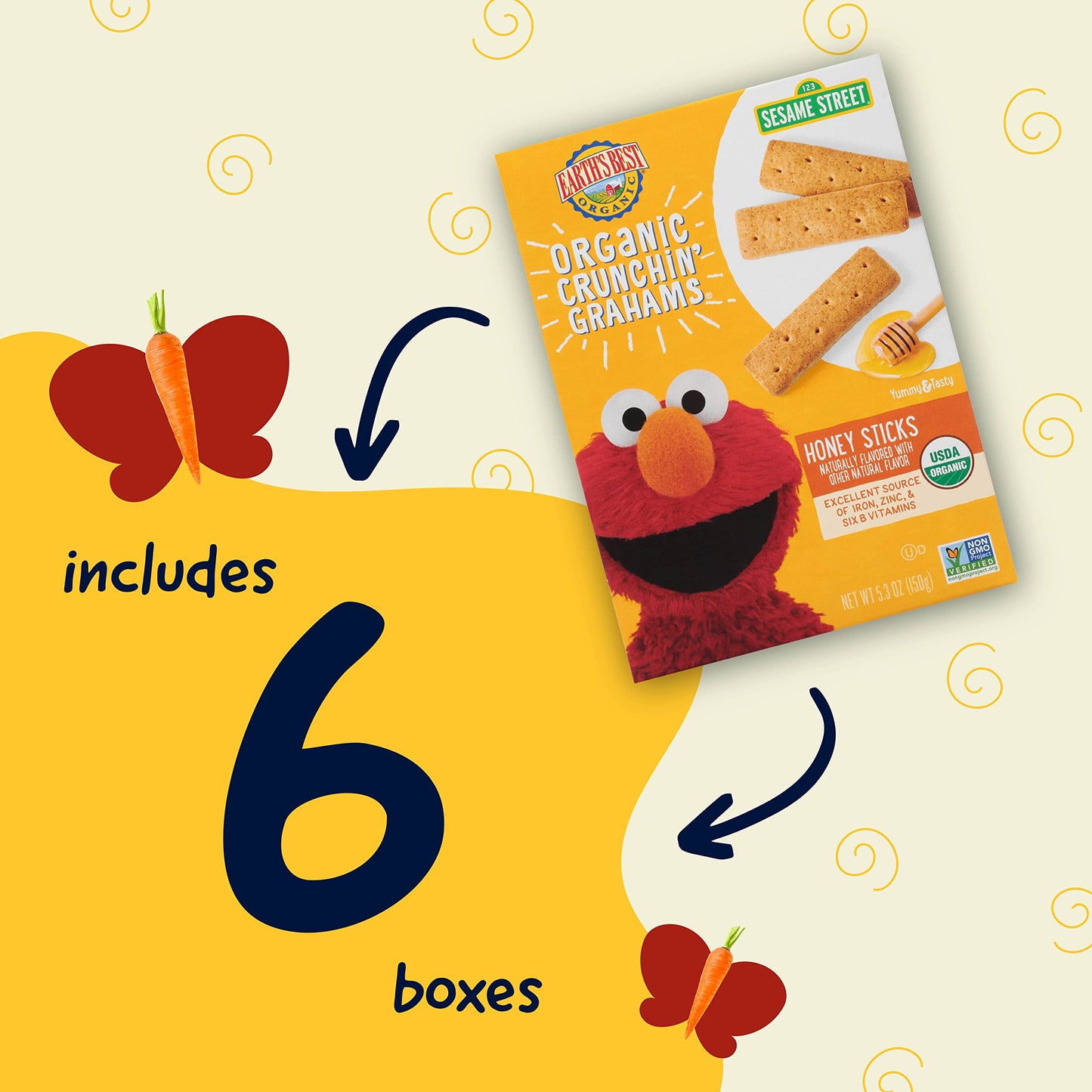 Earth'S Best Organic Kids Snacks, Sesame Street Toddler Snacks, Organic Crunchin' Grahams For Toddlers 2 Years And Older, Honey