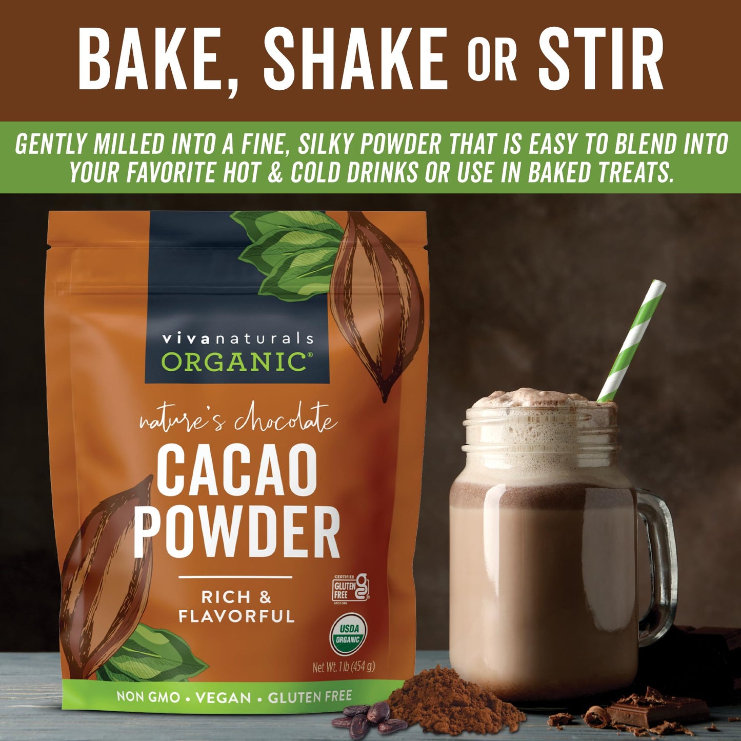 Viva Naturals Organic Cacao Powder, 1lb - Unsweetened Cacao Powder With Rich Dark Chocolate Flavor, Perfect for Baking & Smoothi