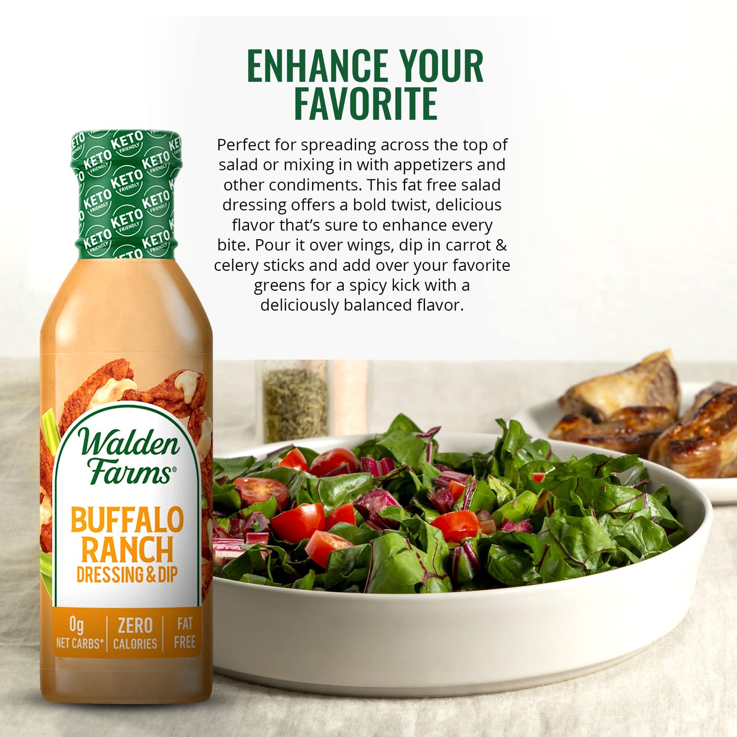 Walden Farms Buffalo Ranch Dressing For Salad, Dip, Chicken, And Fresh Foods, 12 Oz. Bottle, Calorie, Gluten, And Fat Free, Vega