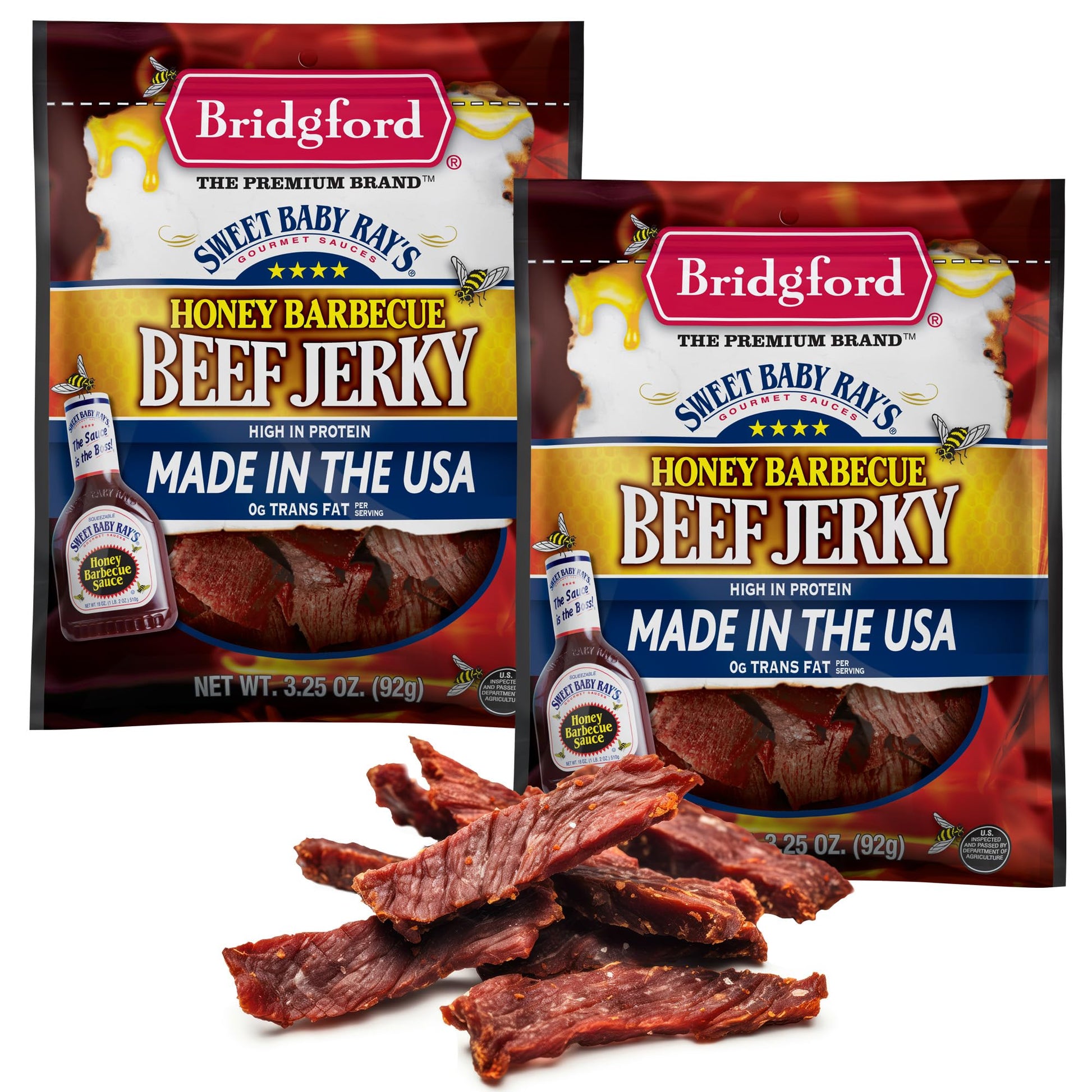Bridgford Beef Jerky Honey BBQ - High Protein Snack, 3.25 oz Pack of 2