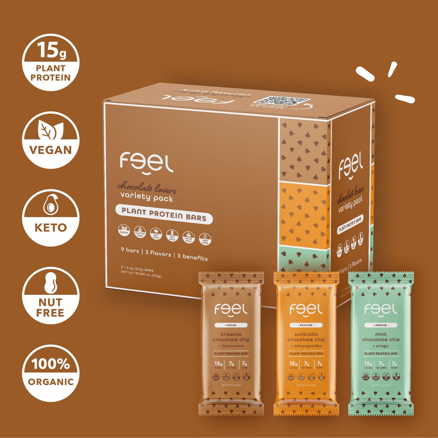 Feel Vegan Protein Bars | Chocolate Lovers | Keto | Gluten Free | Organic | Lions Mane | Chaga | Ashwagandha | 15G Protein | Low Sugar | Non Gmo | Sunbutta + Brownie + Mint - 9 Pack