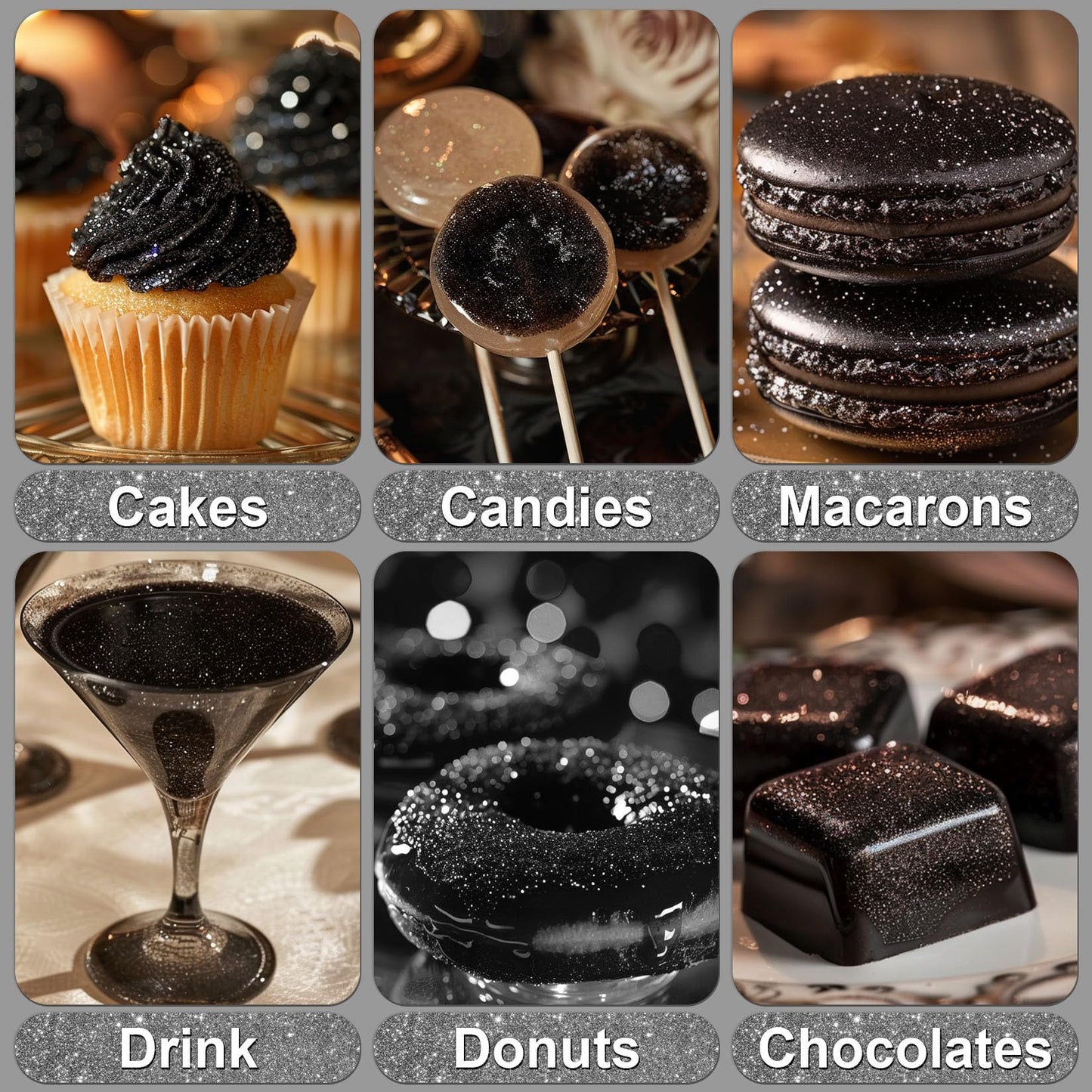 SigWong Black Edible Glitter - 5g Food Grade Shimmering Dust for Cakes, Chocolates, Cupcakes, Vegan