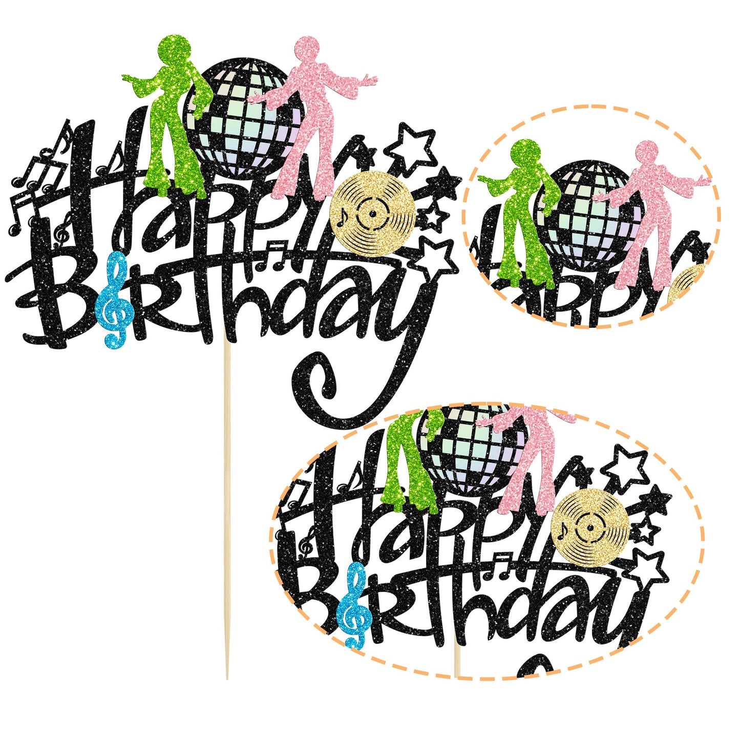 Gyufise 1Pcs Rock Happy Birthday Cake Topper Glitter Music Disco Ball Cake Pick 70'S Disco Dancing Rock Cake Decoration For Rock