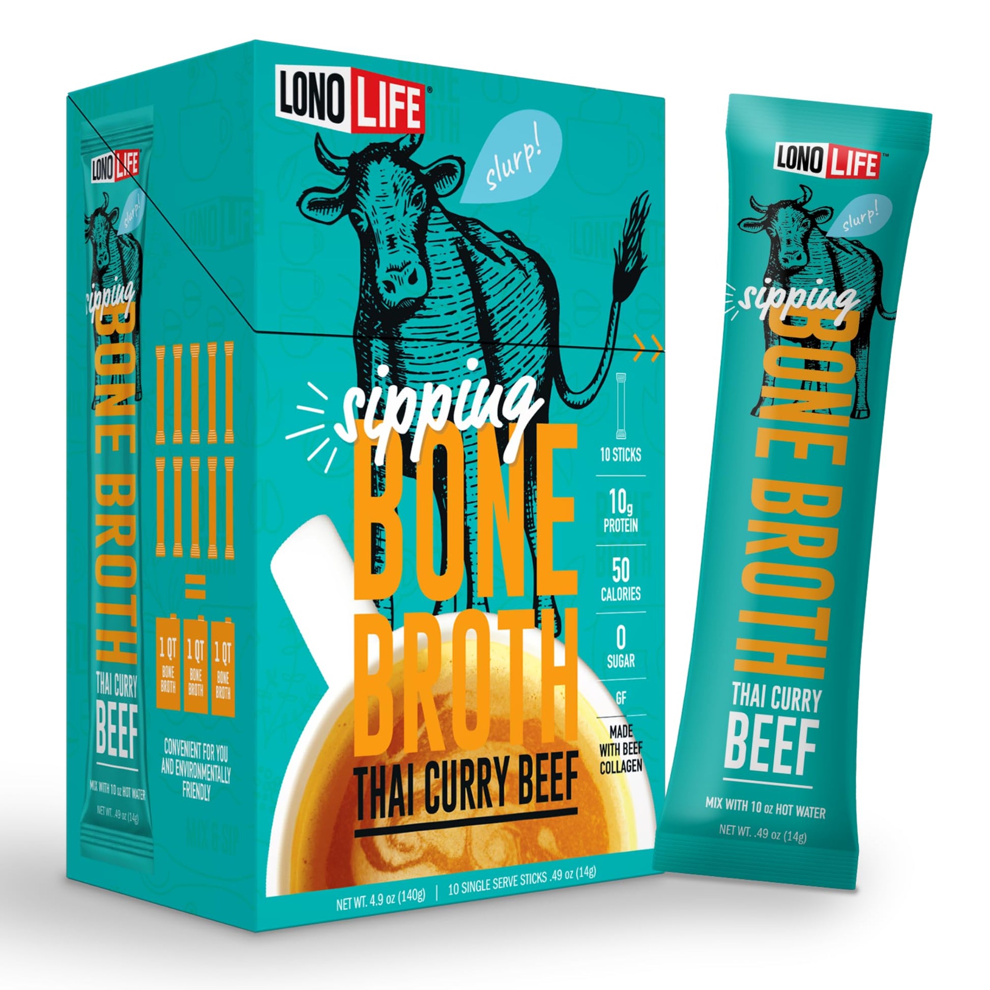 LonoLife Thai Curry Beef Bone Broth Powder Mix, 10g Protein, Keto & Paleo Friendly, 10 Stick Packs