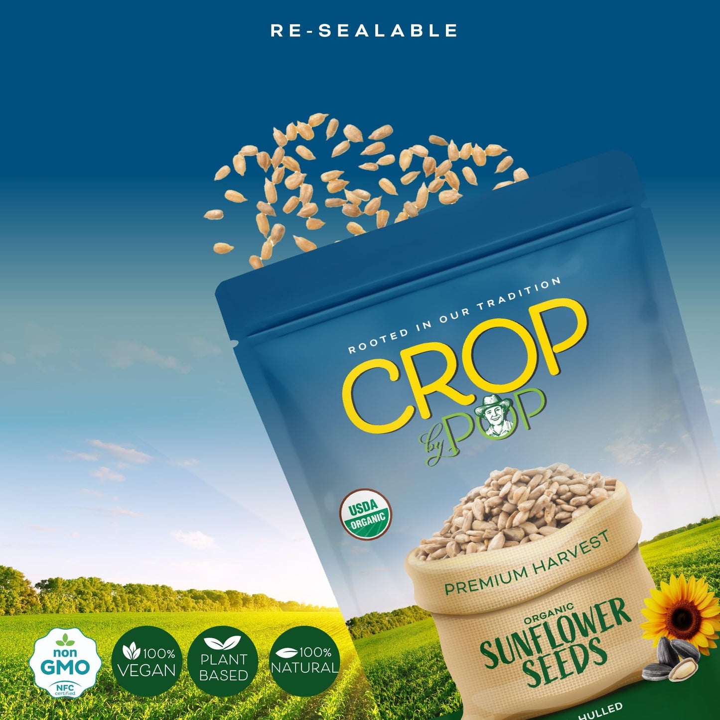Crop By Pop - Organic Raw Hulled Sunflower Seed Kernels - Unsalted, Shelled (32Oz - 2 Lb) 100% Natural, Non-Gmo, Vegan, Kosher -