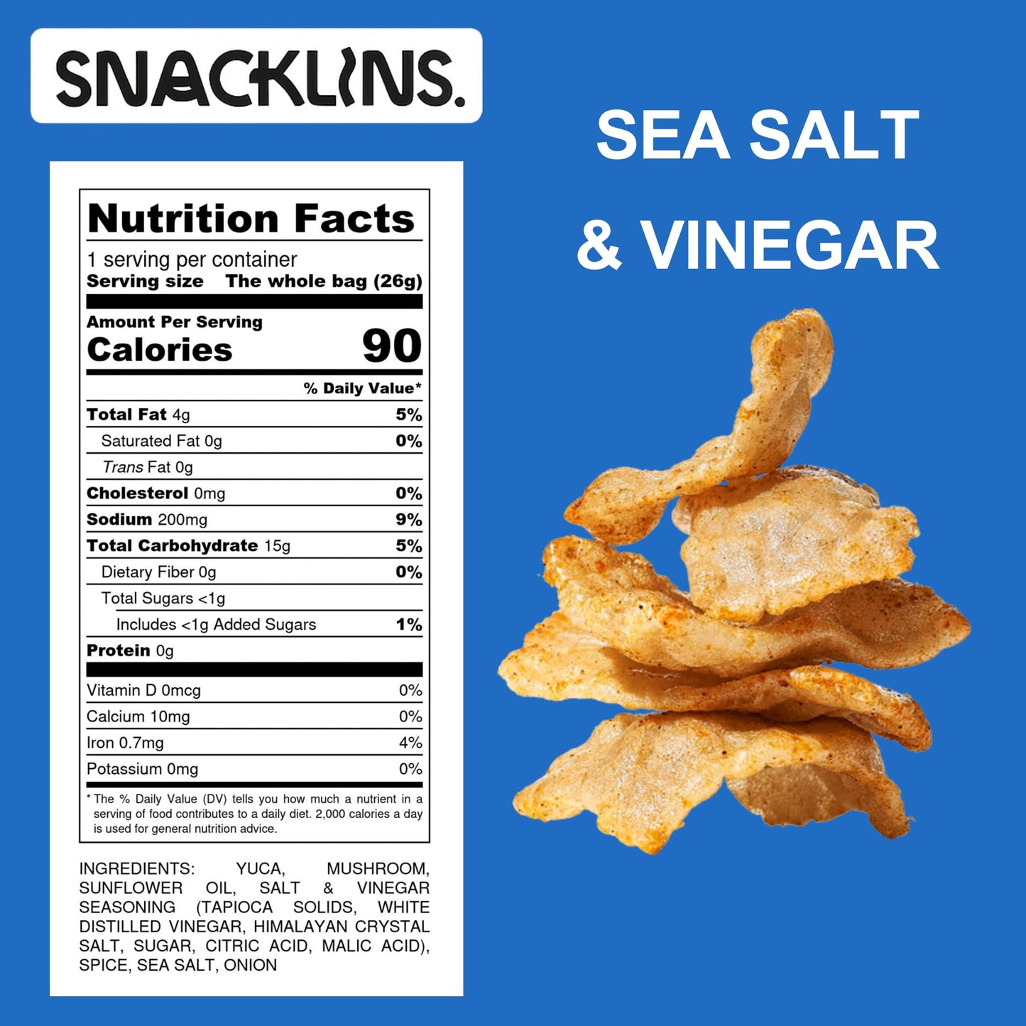 SNACKLINS Plant Based Crisps, Sea Salt & Vinegar, Vegan, Gluten-Free, Low-Calorie, 0.9oz (Pack of 12)