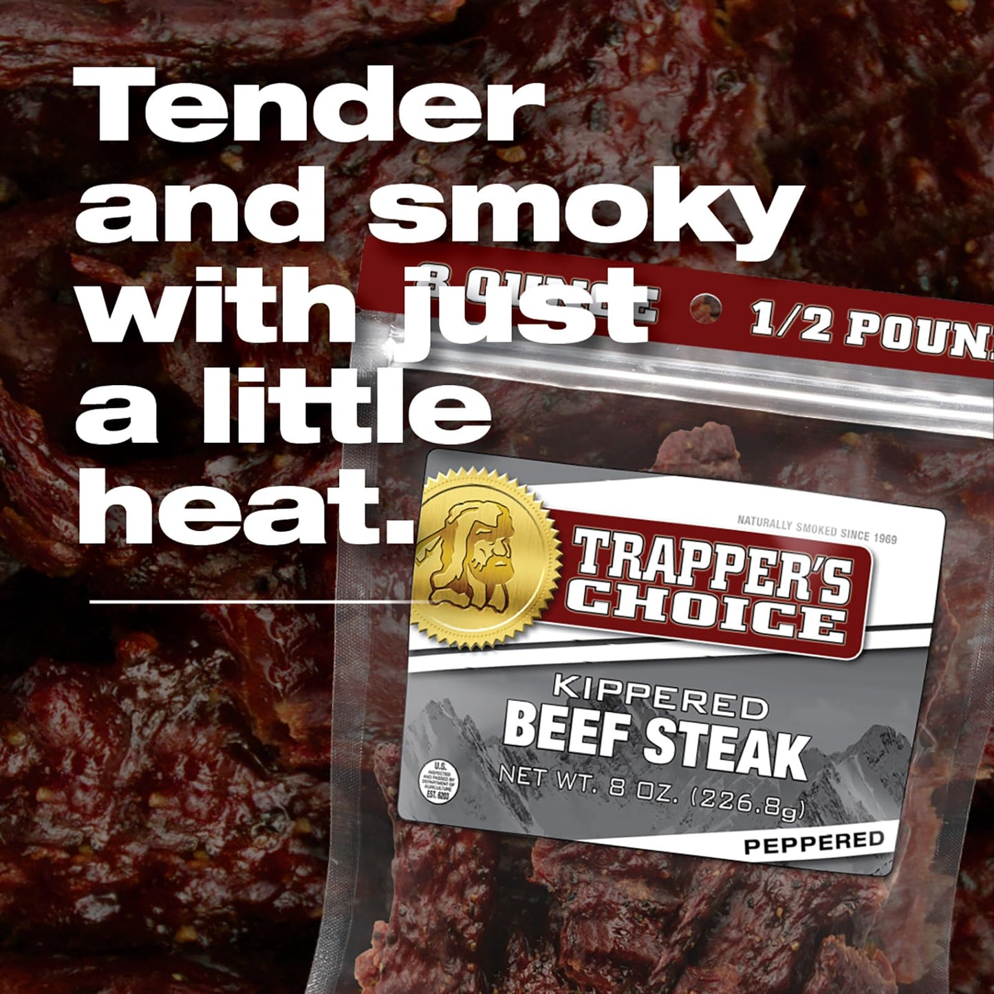 Old Trapper, Trappers Choice Peppered Kippered Steak, Eight-Ounce Individual Package, Spicy Meat Snacks, 11 Grams of Protein an