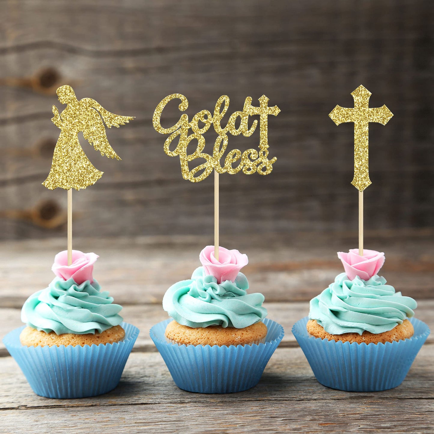 Gyufise 24Pcs Gold Glitter Cupcake Toppers, Cross and God Bless Design, Small, Paper, Model UKZN0096-G