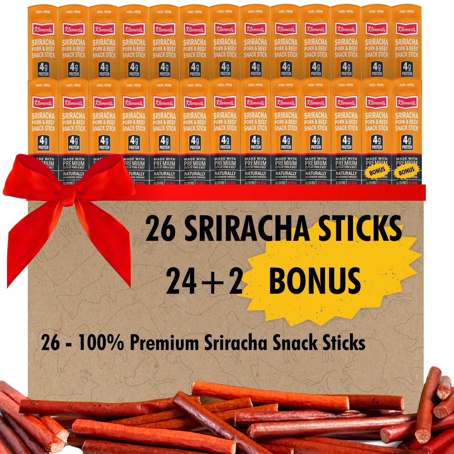 Jerky.Com Sriracha Pork And Beef Snack Sticks 26 Pack (24 + 2 Bonus) | Low Carb, High Protein Keto Snacks | Delicious Gluten Free Beef Sticks | Gifts For Men