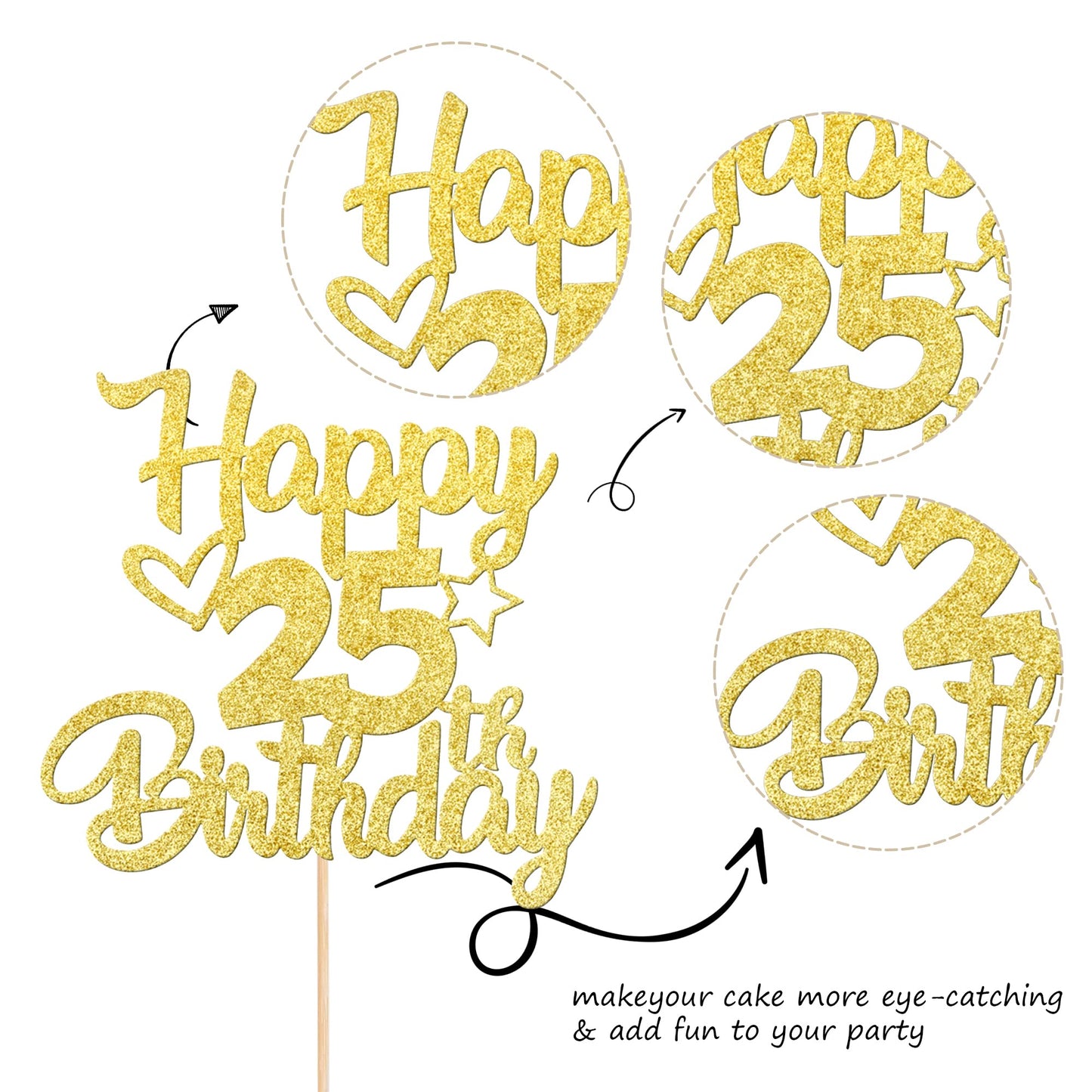 1 Pack Happy 25Th Birthday Cake Topper Glitter Heart Star 25 Fabulous Cake Pick Birthday Sign Cake Decorations For Children 25Th