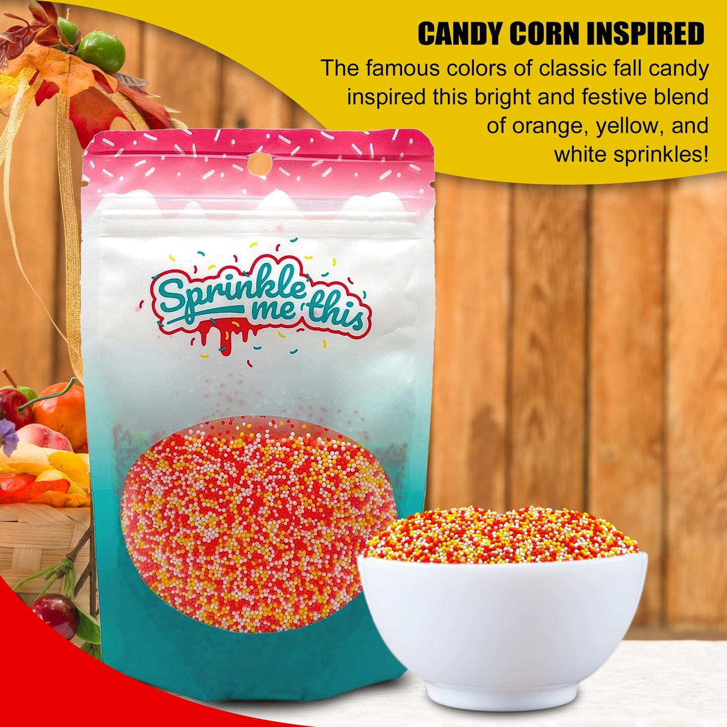 Candy Corn Inspiration Nonpareils | 12 oz Resealable Stand Up Bag | Orange, Yellow, and White Nonpareil Sprinkle Blend | Thanksg
