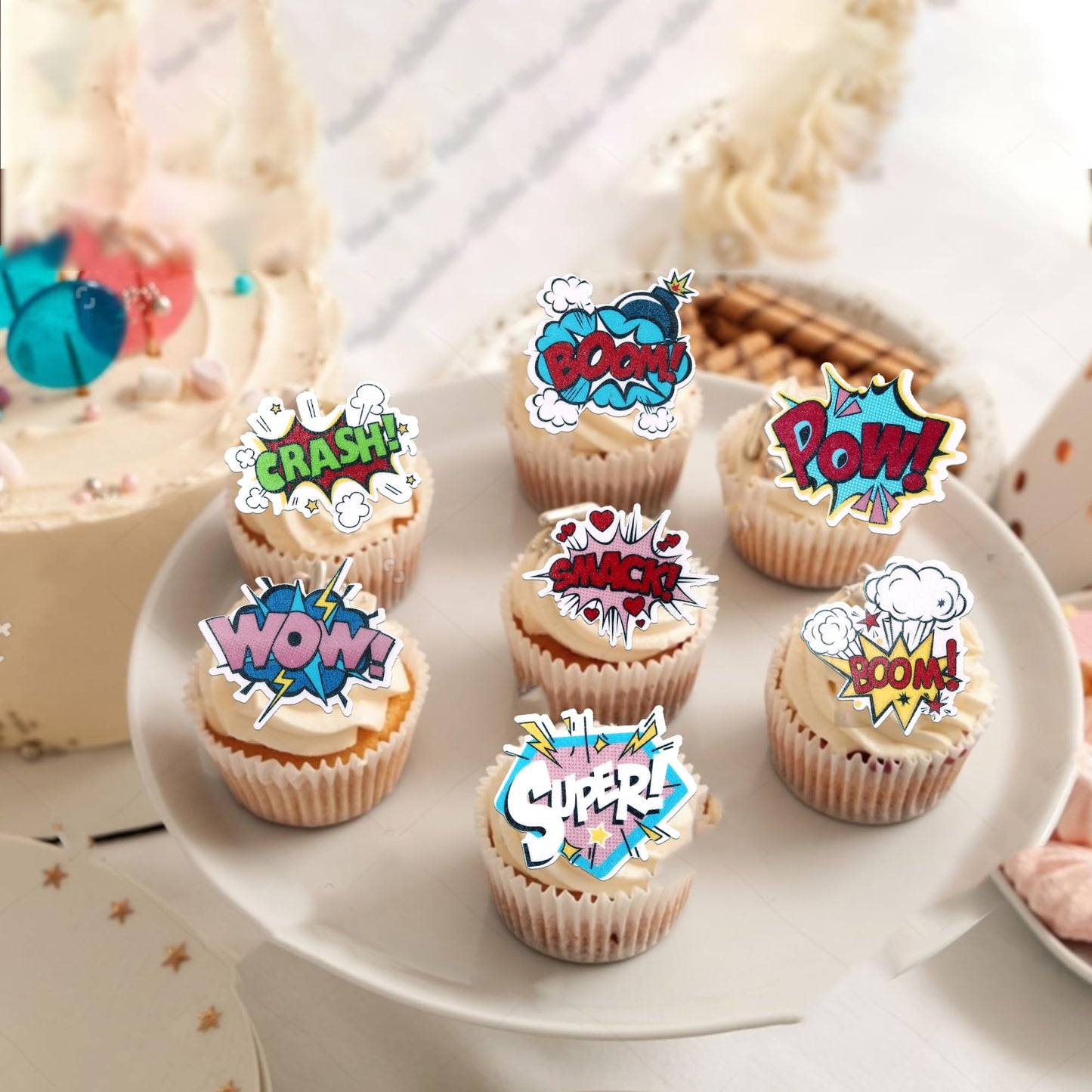 63 Pcs Edible Super Hero Boom Cupcake Toppers Smash Crash Pow Cupcake Picks Edible Superhero Cake Decorations For Celebrating He