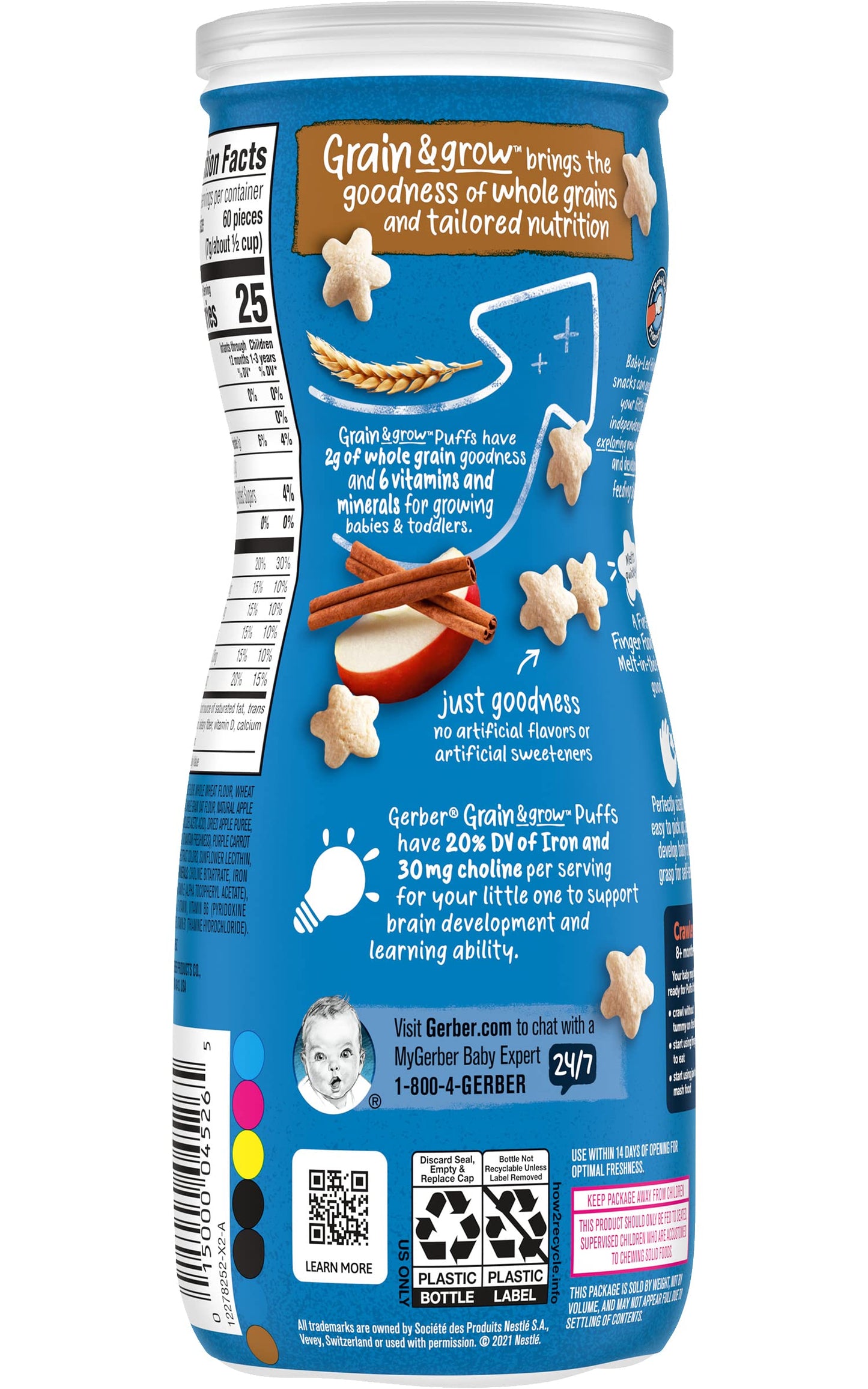 Gerber Snacks For Baby Grain & Grow Puffs, Apple Cinnamon, Non-Gmo With No Artificial Flavors Or Sweeteners, Puffed Grain Baby S