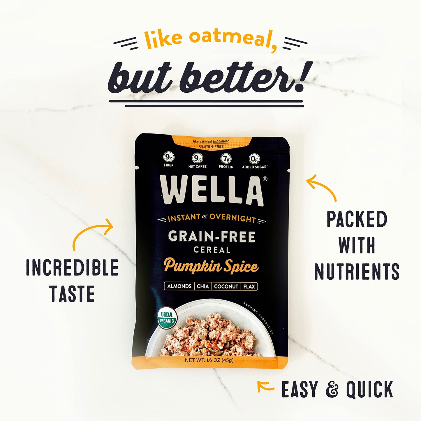 Wella Gluten-Free Pumpkin Spice Hot Cereal, 10 Pack, 1.6 oz, Plant-Based, High Protein