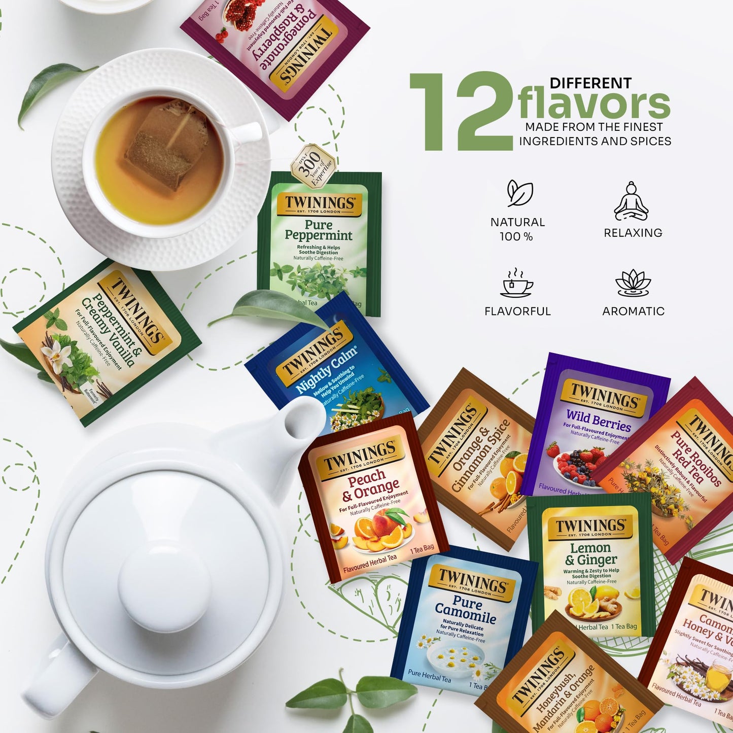 Twinings 48 Tea Bags Herbal Variety Pack - 12 Herbal Flavors  Caffeine-Free  Individually Wrapped  Perfect Tea for Any Occasion