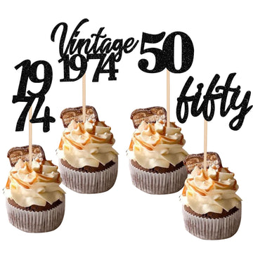24 Pcs Vintage 1974 Cupcake Toppers Cheers To 50 Fabulous Fifty Cupcake Picks 50Th Birthday Wedding Anniversary Party Cake Decor