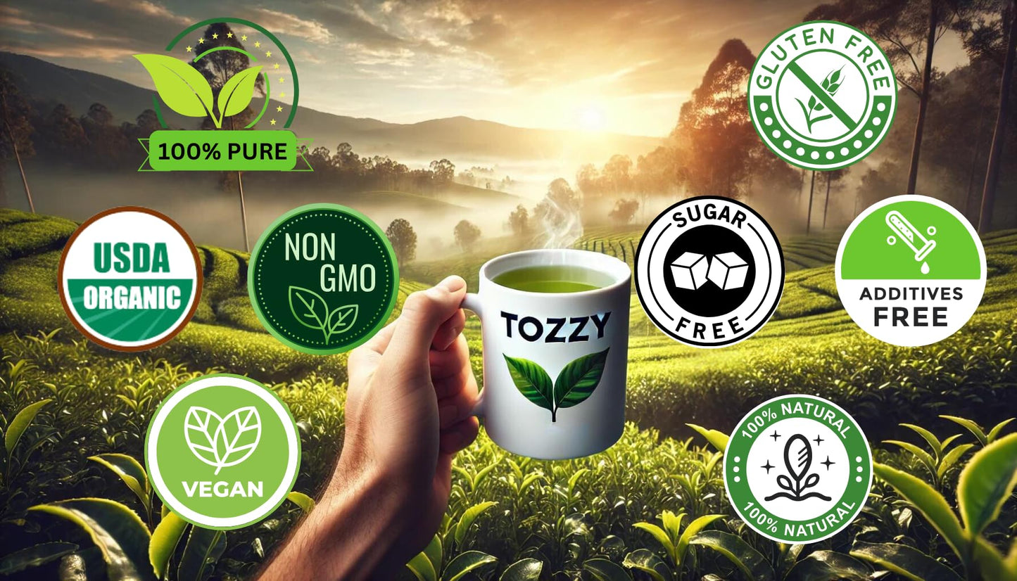 Tozzy Organic Matcha Green Tea - 100 Count  Plant-Based Pyramid Tea Bags | Ceremonial Matcha + Whole Leaf Sencha
