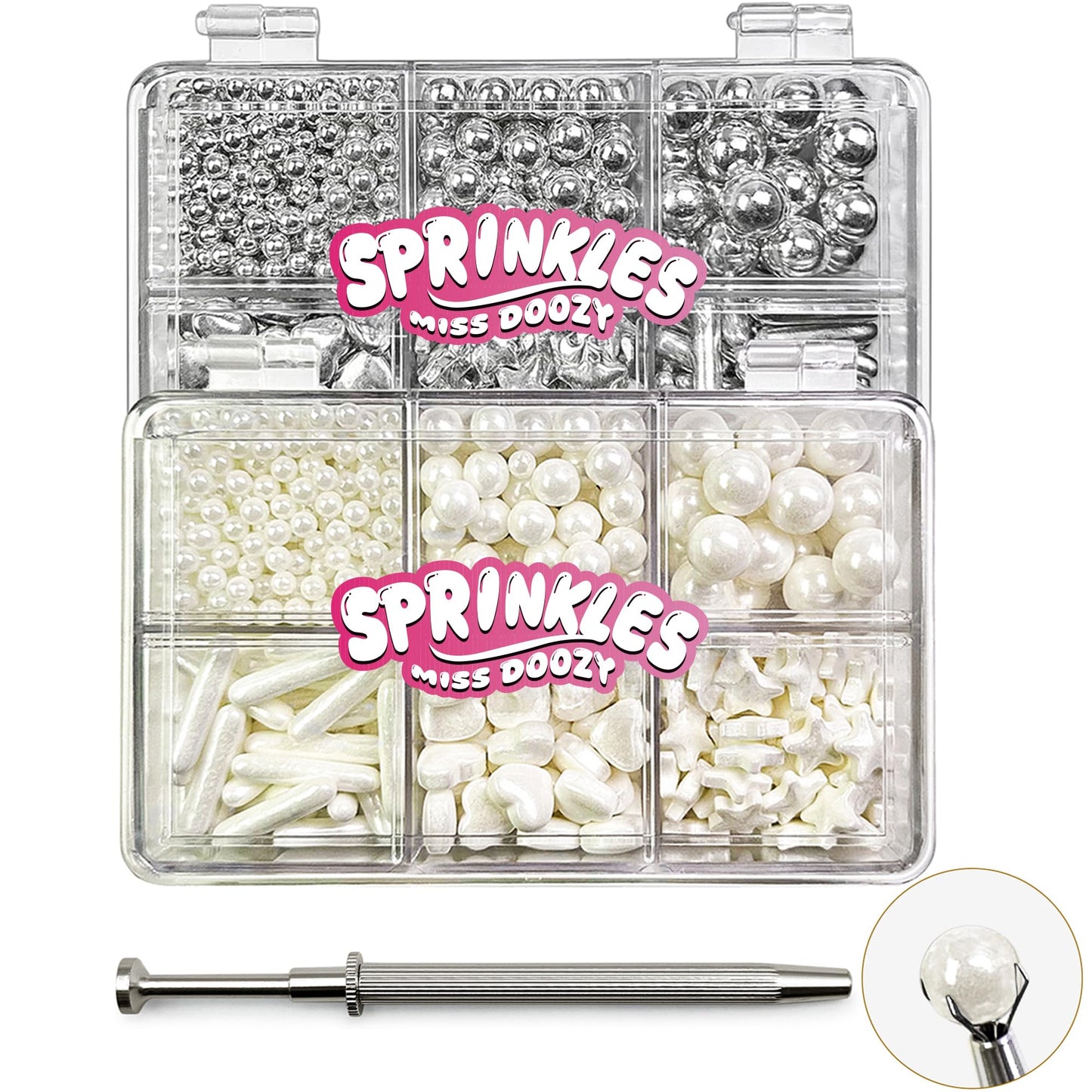 White Sprinkles and Sliver Sprinkles 2 Pack with 4-Claw Pick up Tool, 13oz Pearl Sprinkles Mix Size for Baking, Cupcake, Cookie,