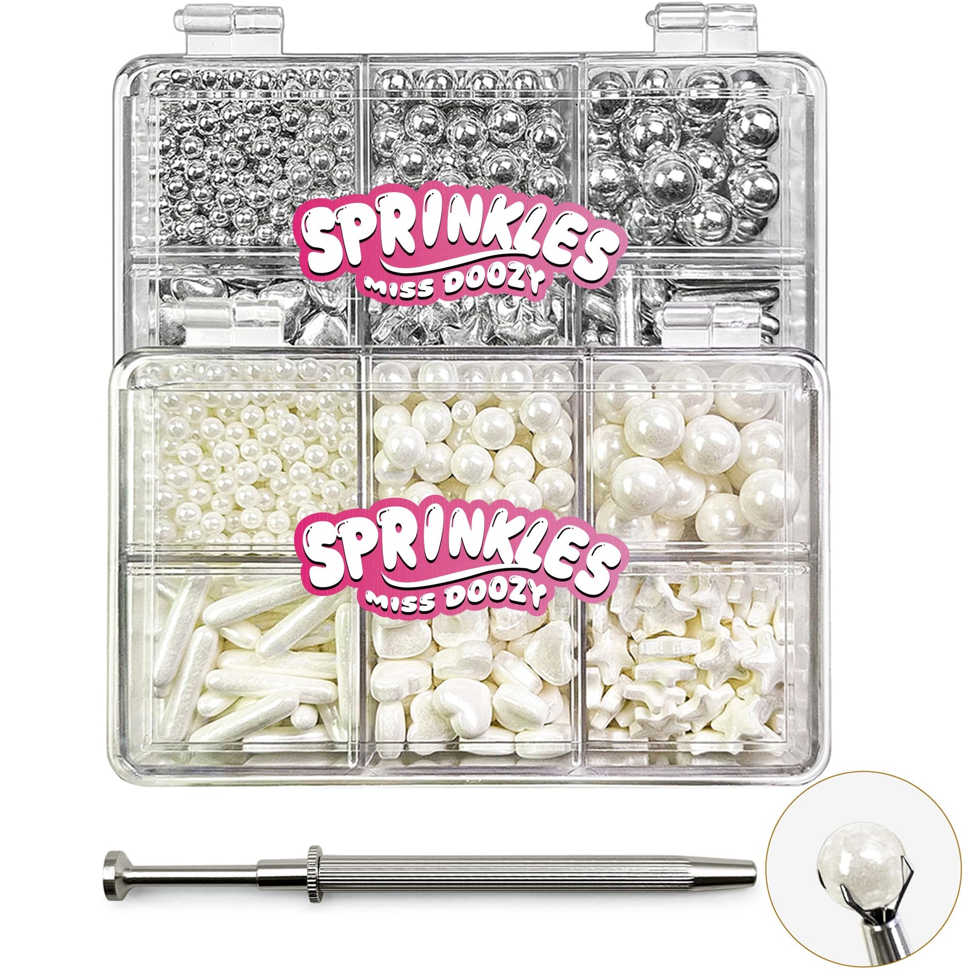 White Sprinkles and Sliver Sprinkles 2 Pack with 4-Claw Pick up Tool, 13oz Pearl Sprinkles Mix Size for Baking, Cupcake, Cookie,