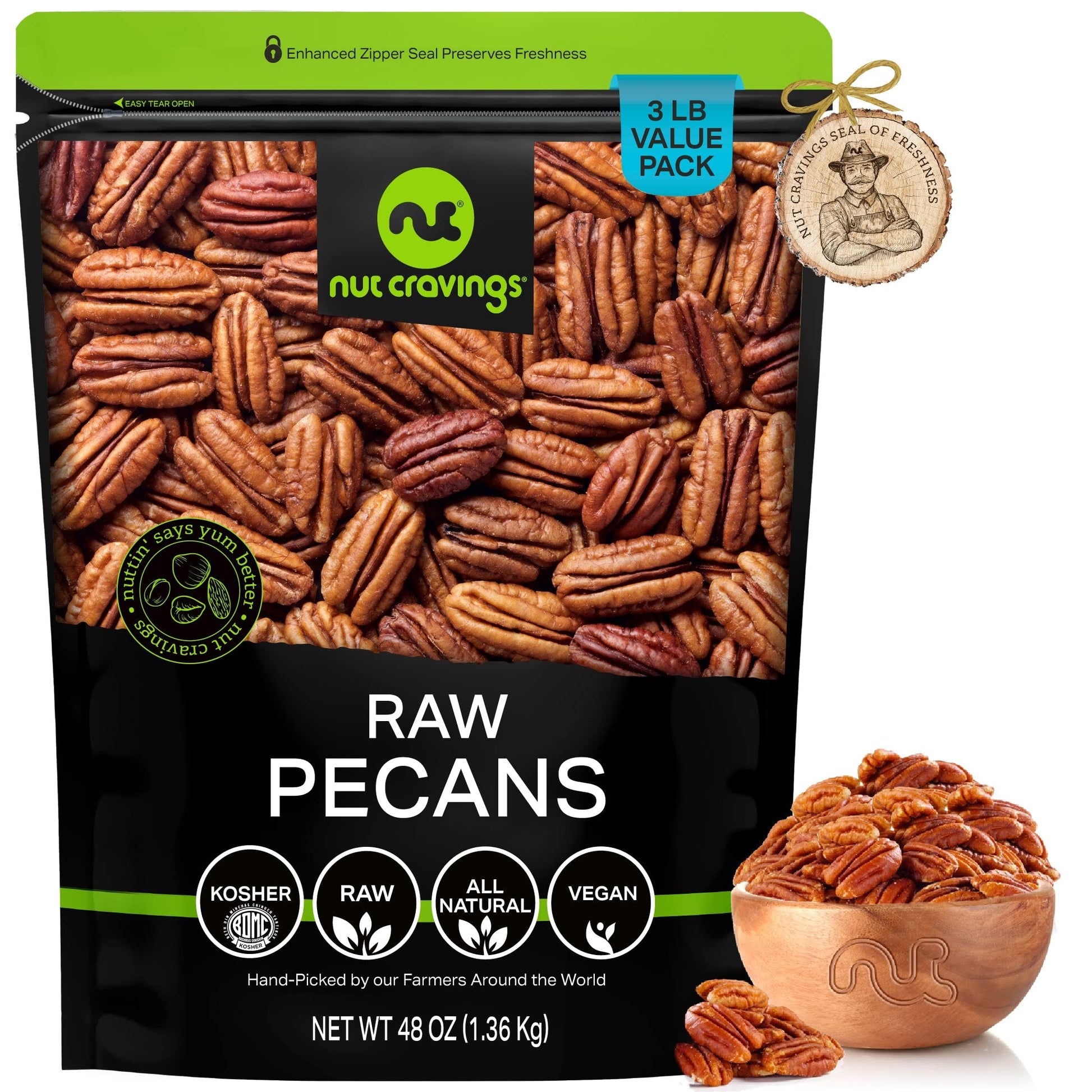 NUT CRAVINGS - Raw Pecans Halves & Pieces, Unsalted, Shelled, (48oz - 3 LB) Bulk Nuts Packed Fresh in Resealable Bag - Kosher He