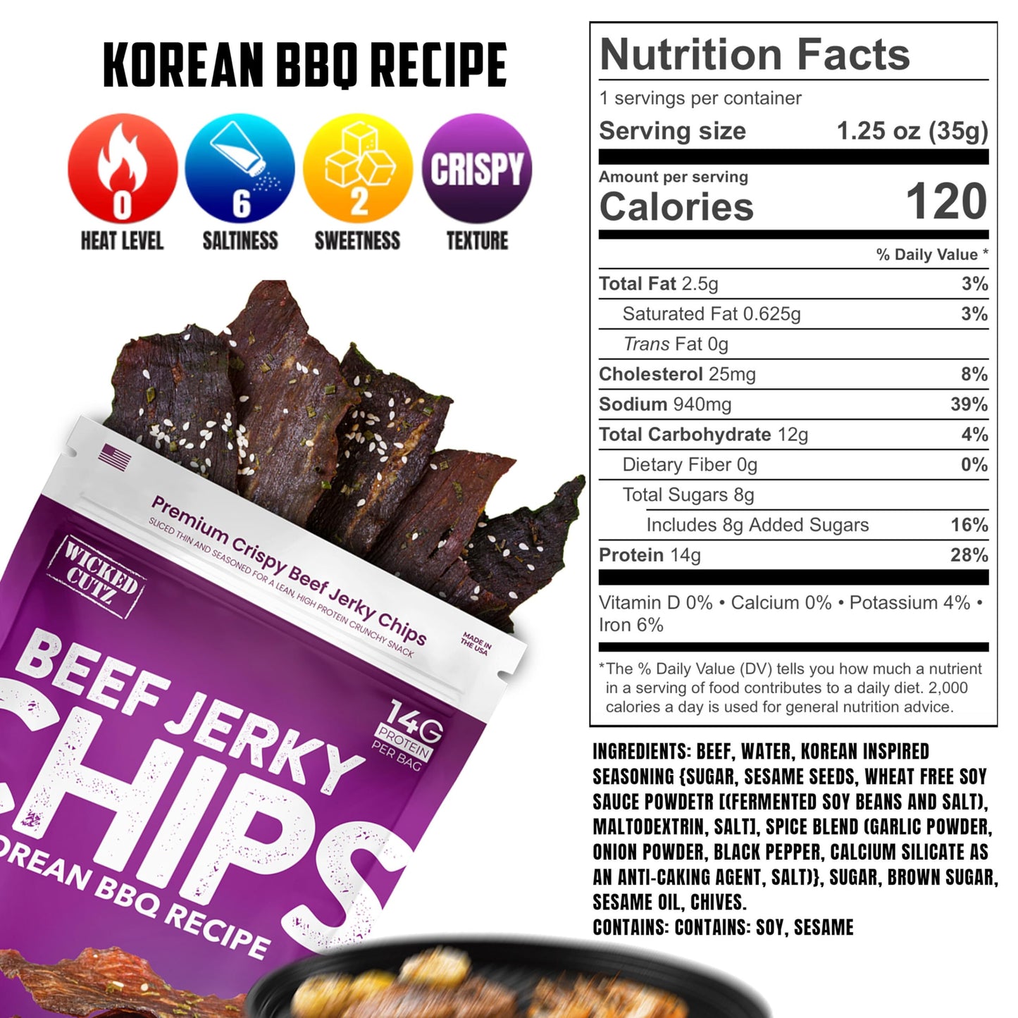 Wicked Cutz Korean Bbq Beef Jerky Chips, 14G Protein Per Bag, Crispy & Crunchy Beef Jerky Crisps, Usa Made Barbeque Flavored Chi