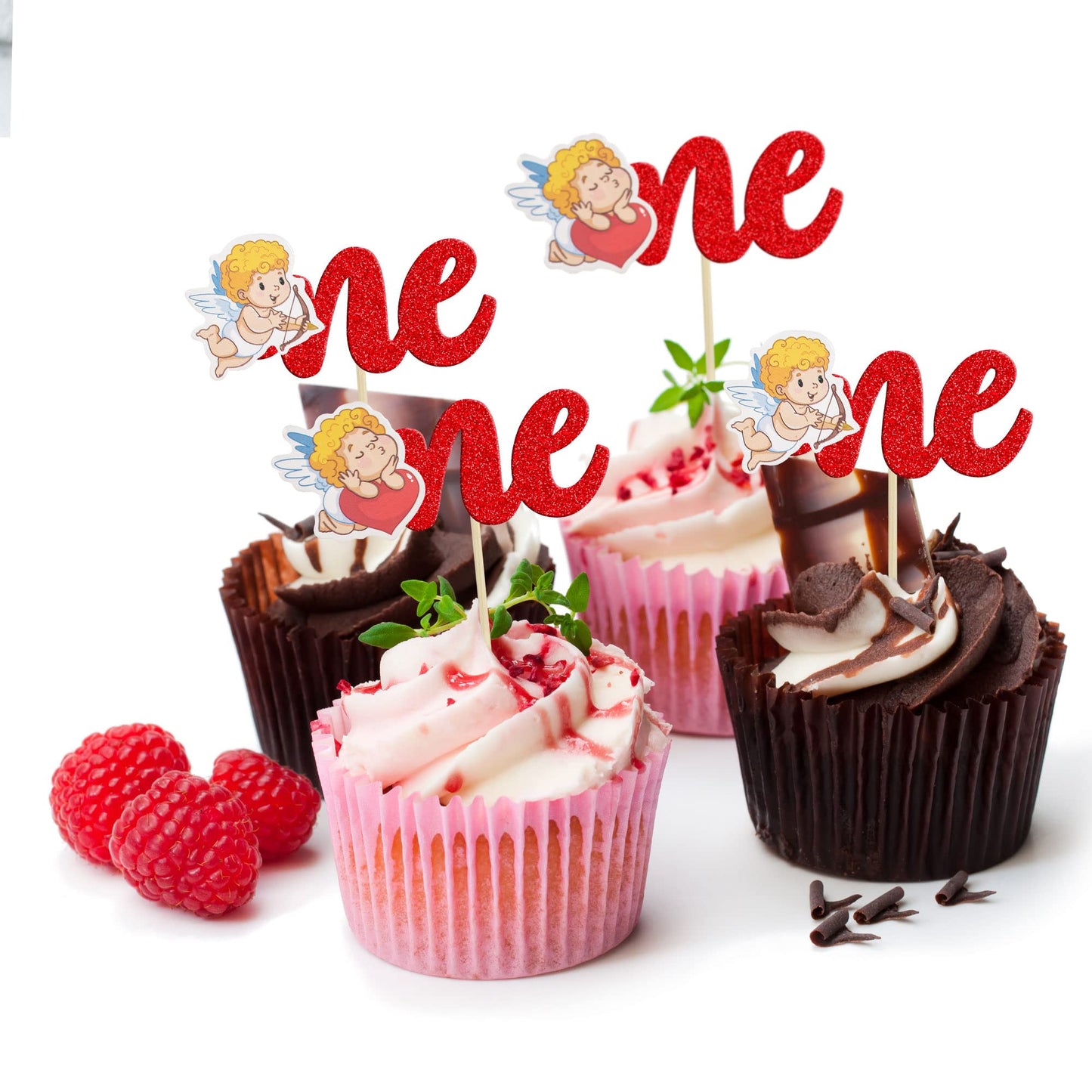 Gyufise 24Pcs One Cupcake Toppers Red Glitter Sweet Love Cupid 1St Valentine'S Day Cupcake Picks Valentine'S Day Theme Wedding B