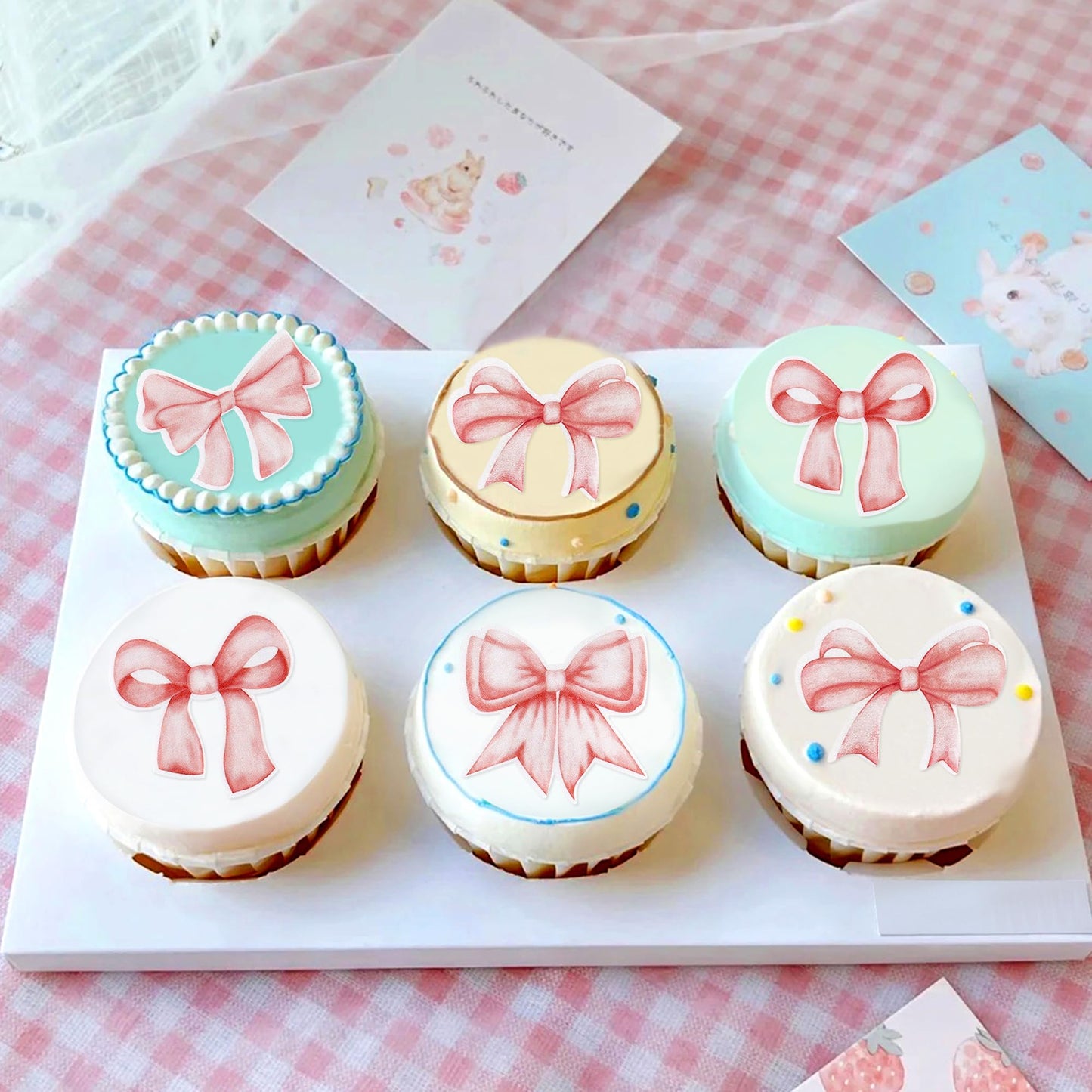 Cyodoos 40Pcs Edible Pink Bowknot Cupcake Toppers Wafer Paper Bowknot Cake Dessert Picks Drink Topper Baby Shower Princess Cupca