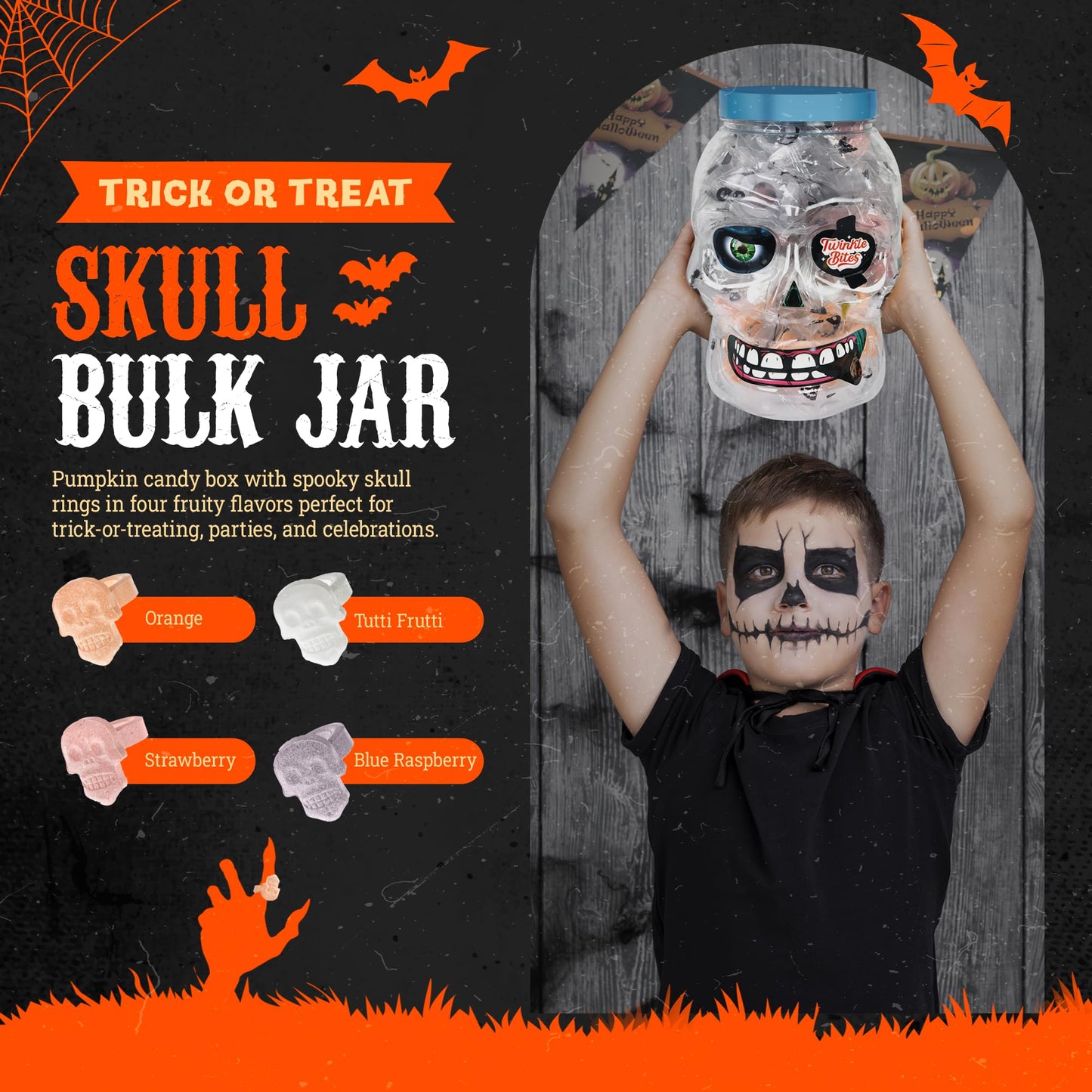 30 Pack Halloween Ring Candy - Individually Wrapped Holiday Themed Skull Candys Packed in a Skull Jar - Trick Or Treat Strawberr