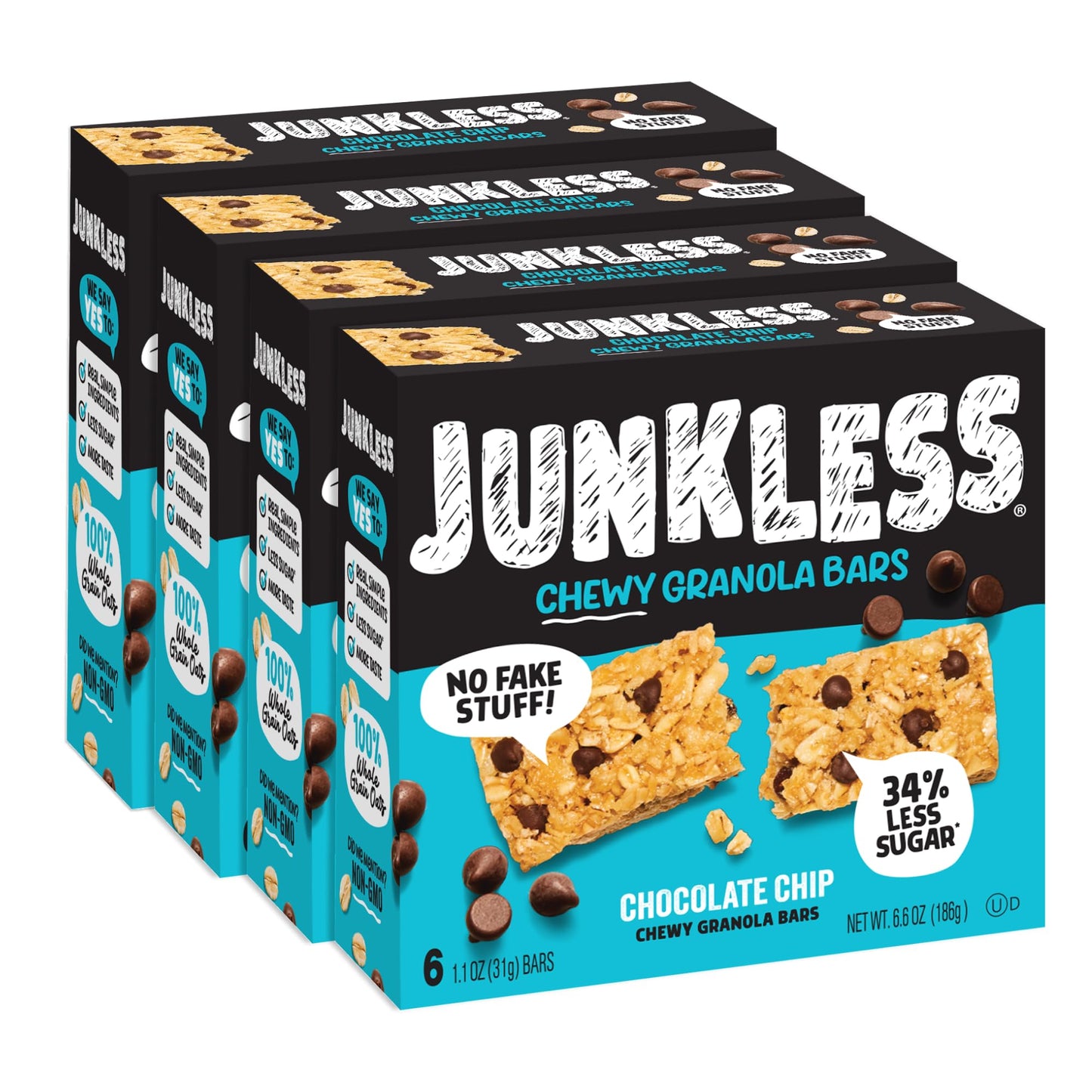 Junkless Chewy Granola Bars, Chocolate Chip, 24 Bars (6 X 1.1 Oz Bars/Box - 4 Boxes), Non-Gmo, Low Sugar, Great Tasting, Made For Kids & Families