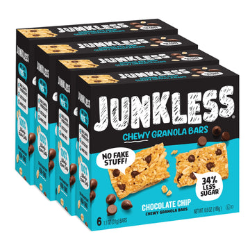Junkless Chewy Granola Bars, Chocolate Chip, 24 Bars (6 X 1.1 Oz Bars/Box - 4 Boxes), Non-Gmo, Low Sugar, Great Tasting, Made For Kids & Families