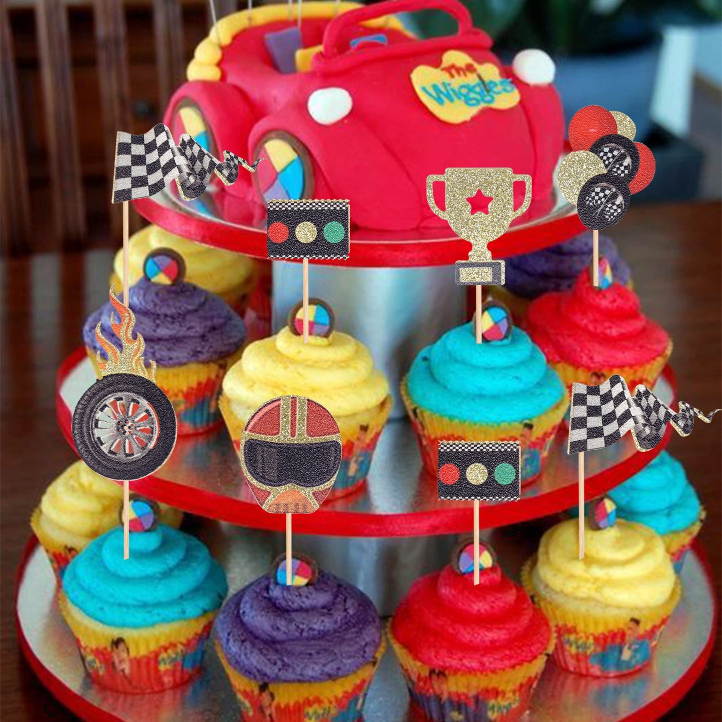 24 Pcs Race Car Cupcake Toppers Assembled Helmet Traffic Light Wheel Trophy Flag Racing Car Cupcake Picks Let'S Go Racing Cake D