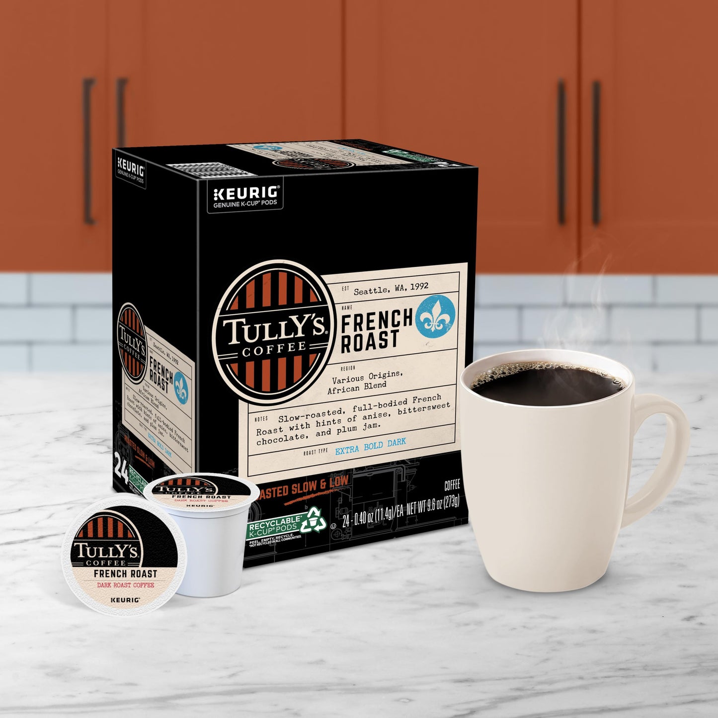 Tully'S Coffee, French Roast, Single-Serve Keurig K-Cup Pods, Dark Roast Coffee, 120-Count (5 Boxes Of 24 Pods)