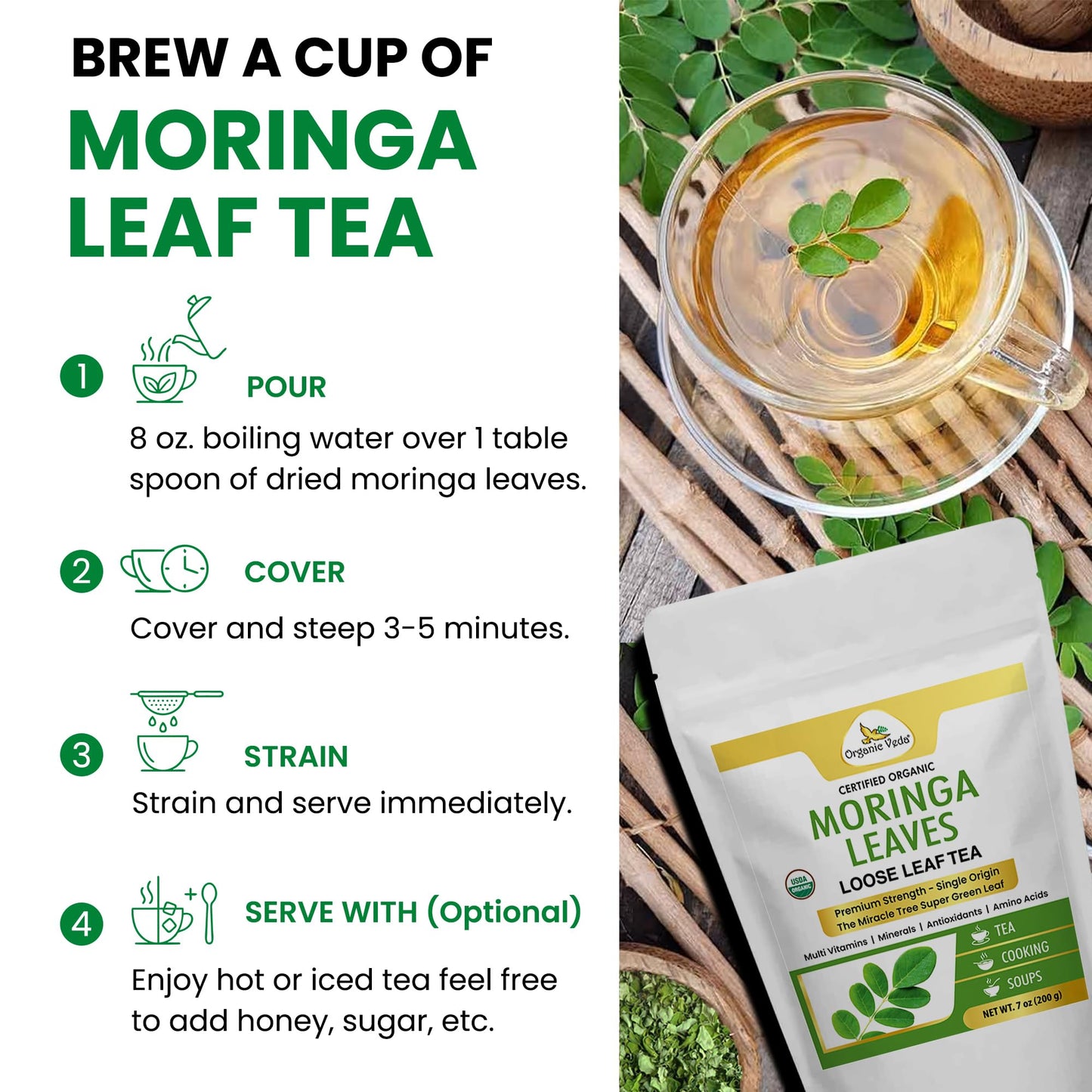 Organic Veda Moringa Tea Leaves - 100% Organic Dried Leaves - Moringa Oleifera Loose Leaf For Herbal Tea - Antioxidants Rich, Naturally Boosts Energy, Supports Digestion & Immune System - 7Oz