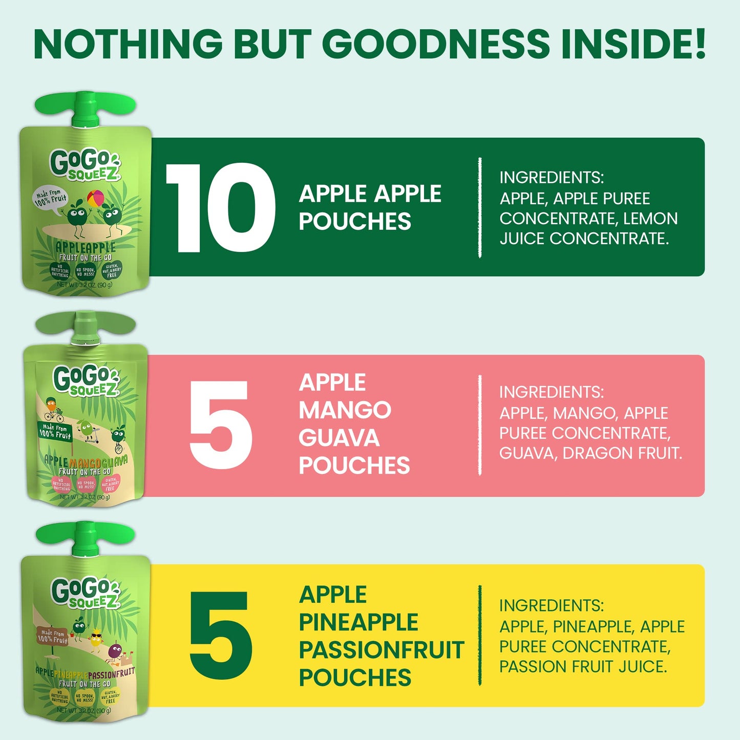 GoGo SqueeZ Applesauce Fruit Puree Variety Pack, 3.2 oz (Pack of 20), Unsweetened, Tropical