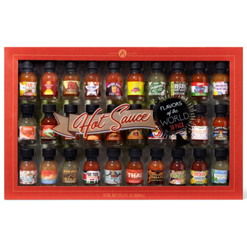 Thoughtfully Gifts, Hot Sauce Flavors Of The World Variety Pack, Inspired From Journeys Across The Globe, Flavors Include Thai Pepper Sauce, Baja Heat Mango, Costa Rica Lava Heat, And More, Pack Of 30