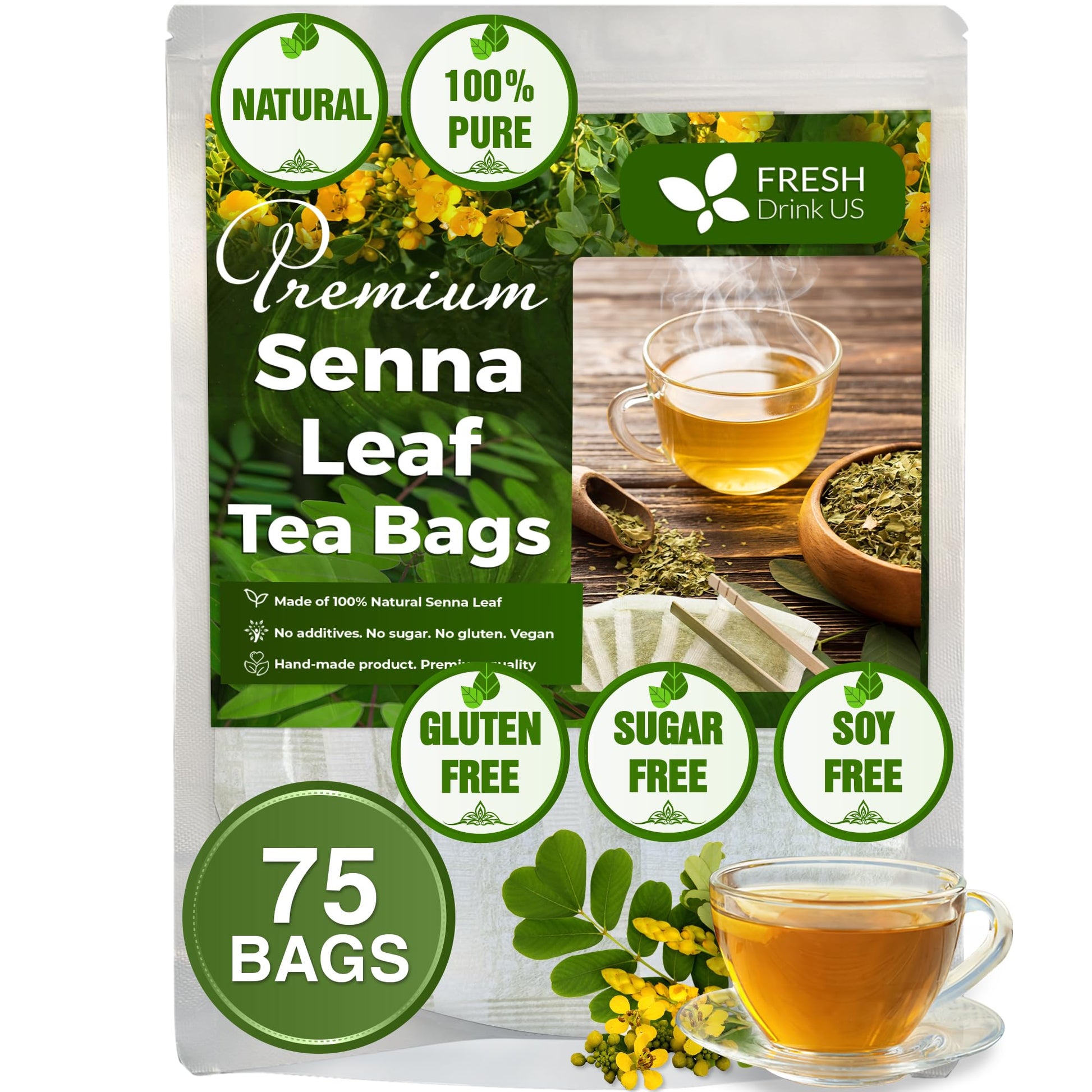 FRESHDRINKUS Premium Senna Leaf Tea Bags, 100% Natural Herbal Tea, 75 Count, Caffeine-Free, Vegan
