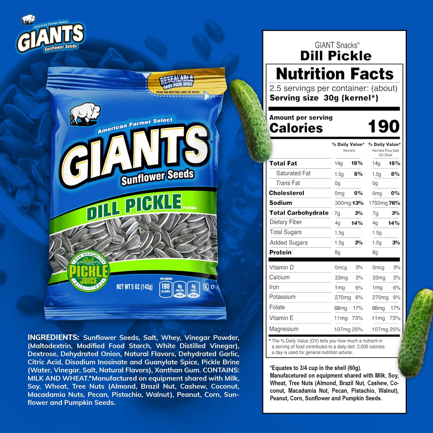 Giants Dill Pickle Sunflower Seeds - Sunflower Seeds Bulk, Big Sunflower Seeds To Eat, Roasted Pickle Sunflower Seeds, 8G Protein Per Serving - 5 Oz Resealable Bags (Pack Of 12)