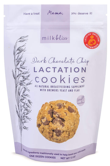 MilkBliss Dark Chocolate Chip Oatmeal Cookies with Brewers Yeast, 12 oz, Lactation Support for Breastfeeding