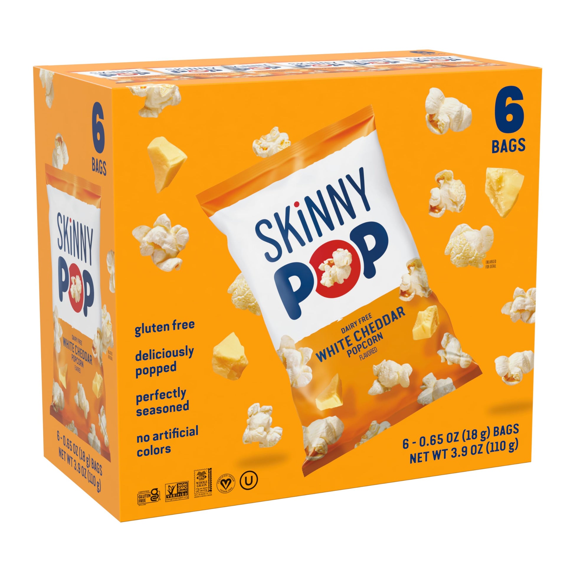 SkinnyPop Popcorn, Dairy Free White Cheddar, Gluten Free, Non-GMO, 0.65oz Individual Size Snack Bags, 6 Boxes (6 Bags per Pack)