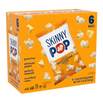 SkinnyPop Popcorn, Dairy Free White Cheddar, Gluten Free, Non-GMO, 0.65oz Individual Size Snack Bags, 6 Boxes (6 Bags per Pack)