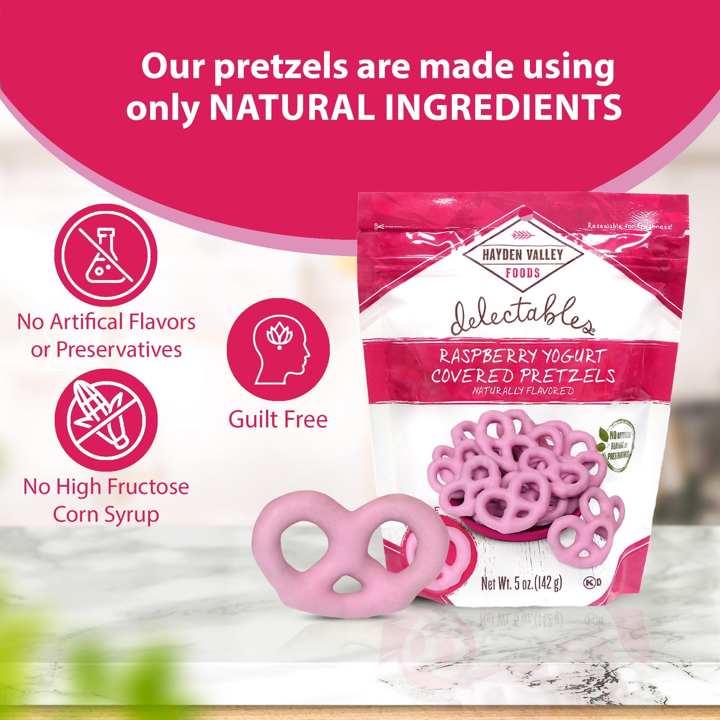 Hayden Valley Foods Raspberry Yogurt Covered Pretzels - 5 Oz Bags (Pack Of 6) - No Artificial Flavors, Preservatives Or Colors -