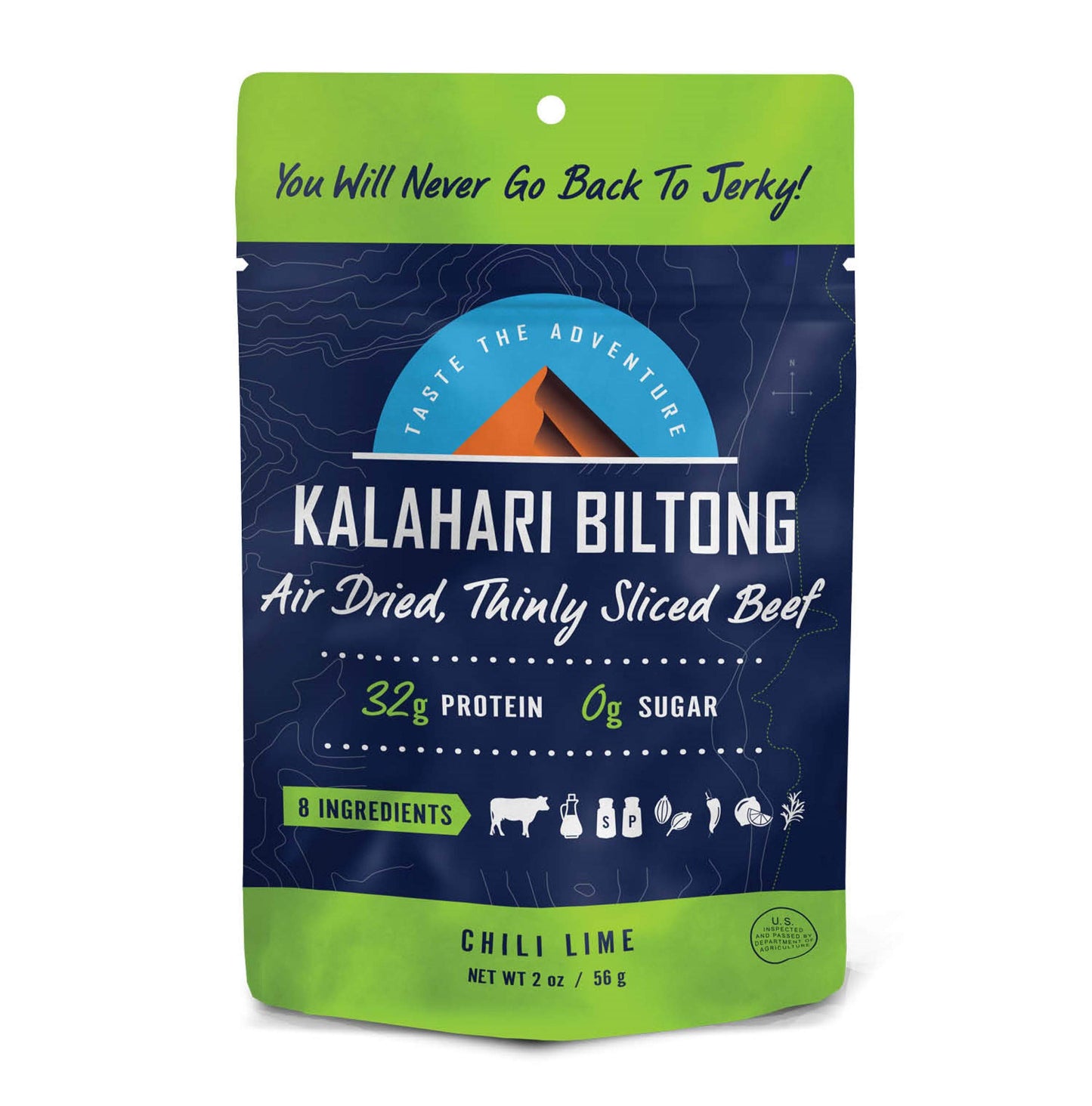 Lime Chili Kalahari Biltong, Air-Dried Thinly Sliced Beef, 2oz (Pack of 1), Sugar Free, Gluten Free, Keto & Paleo, High Protein 