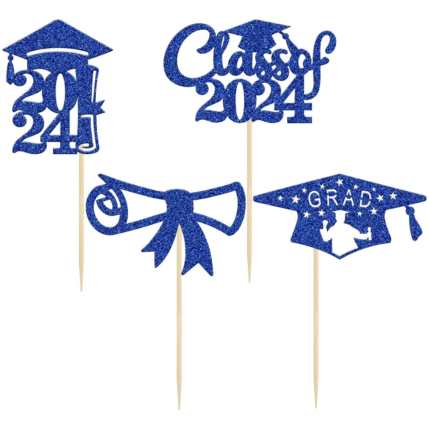 Gyufise 24Pcs 2024 Graduation Cupcake Toppers Deep Blue Glitter Class Of 2024 Diploma Congrats Grad Cap Cupcake Picks 2024 Gradu