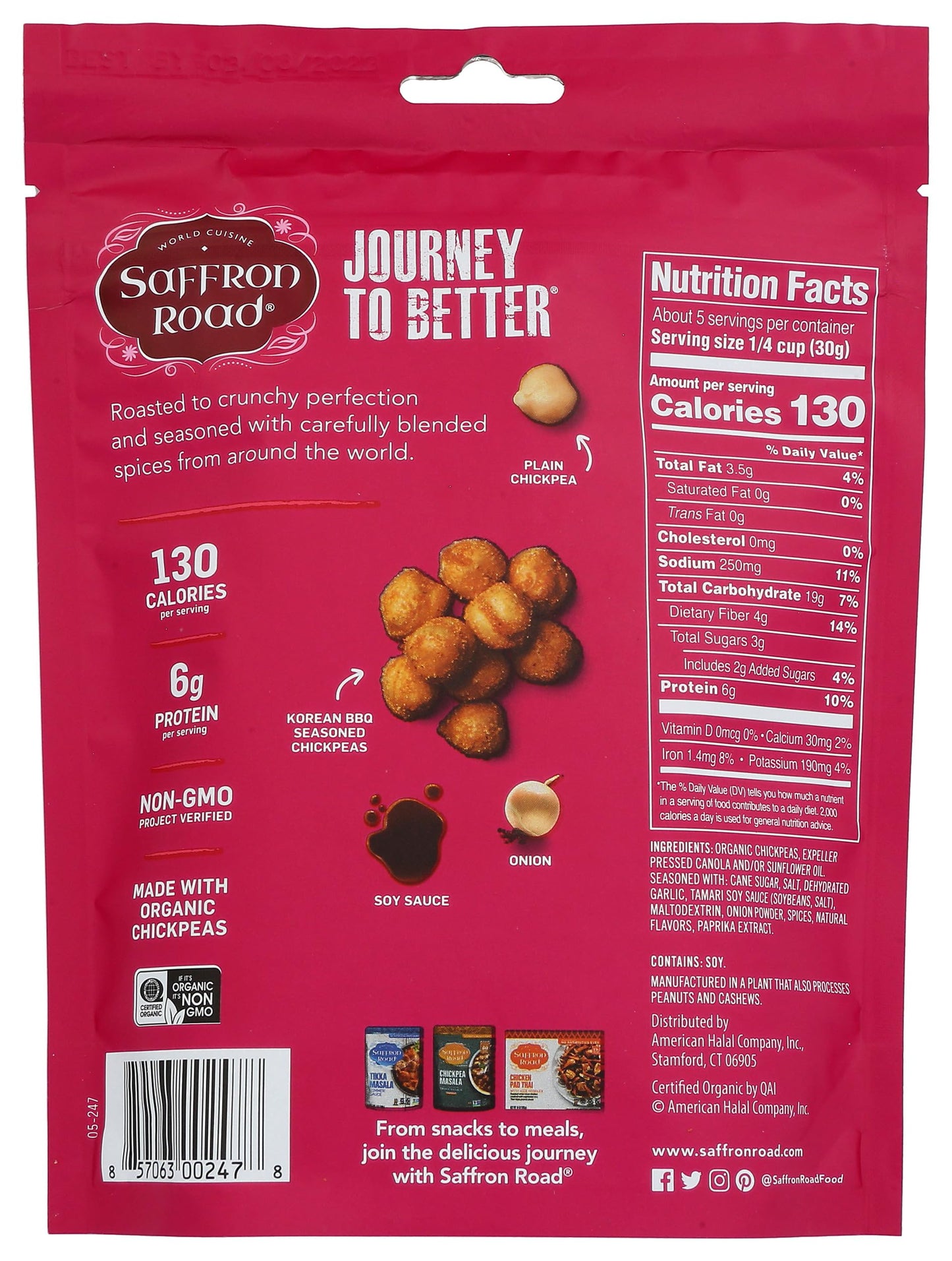 Saffron Road Korean Bbq Crunchy Chickpea Snack, 6Oz - Gluten Free, Non-Gmo, Halal, Kosher, Vegan