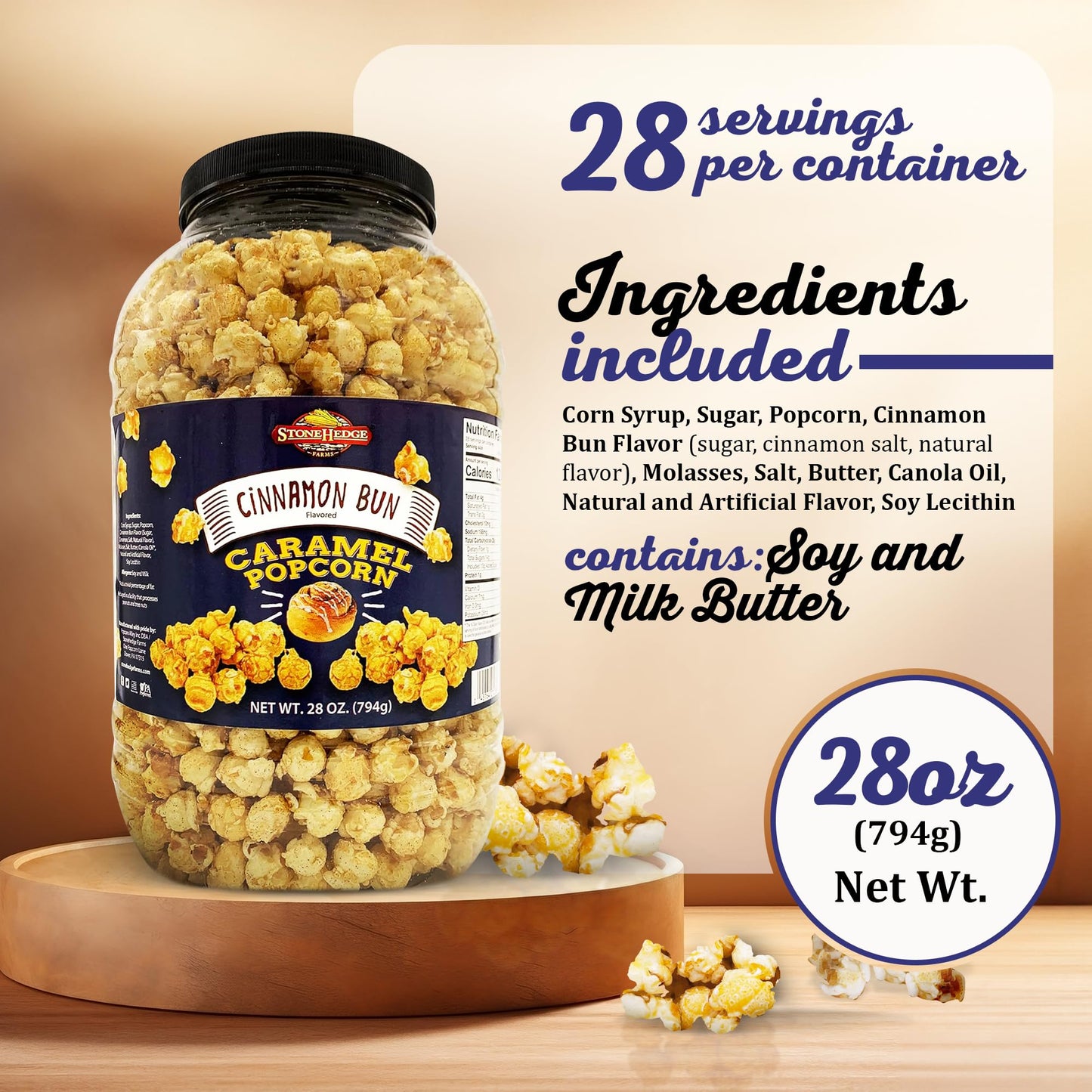 Stonehedge Farms Flavored Popcorn Variety Pack | Caramel & Cinnamon Bun | 30 oz (Pack of 2) | Bulk Popped Carmel Corn | Made in