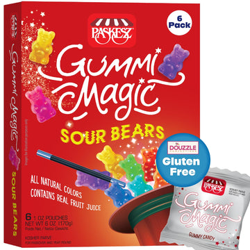 DOUzzle Gluten Free Gummi Magic, Sour Bears (6 Count, Pack of 1) Non Gebrokts Kosher for Passover Food Snacks - All Natural Colo