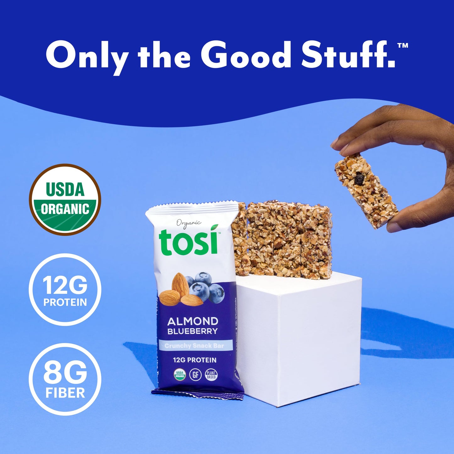 Tosi Almond Blueberry Protein Bars, Plant Based with Nuts, Gluten-Free Crunchy Snacks, Vegan, Organic, Flax & Chia Seeds, Soy-Fr